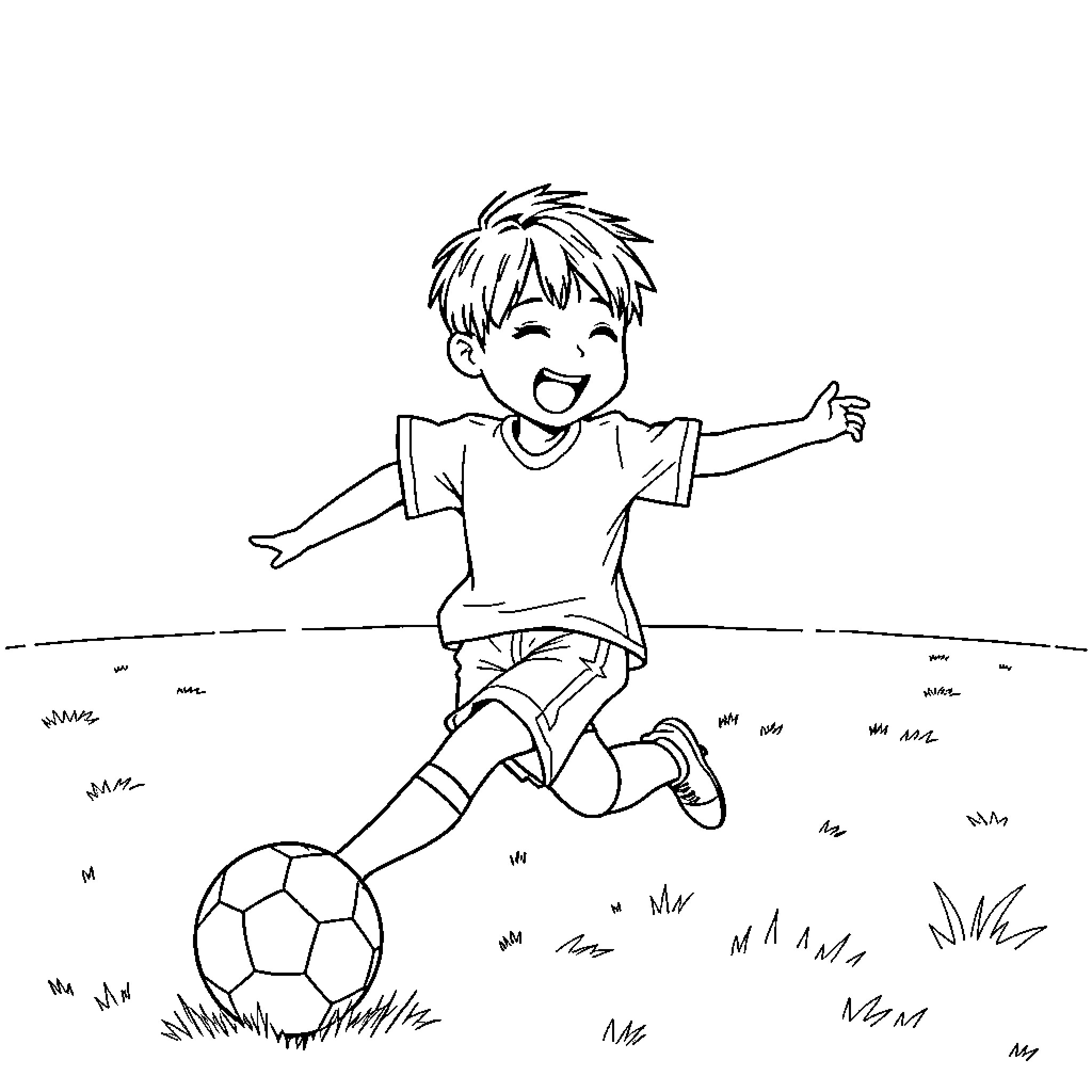 Jinu Playing Soccer on the Grassy Field Coloring Page (free black-and-white line drawing printable PDF for all, from beginners to advanced learners, including children, teens, adults, and seniors)