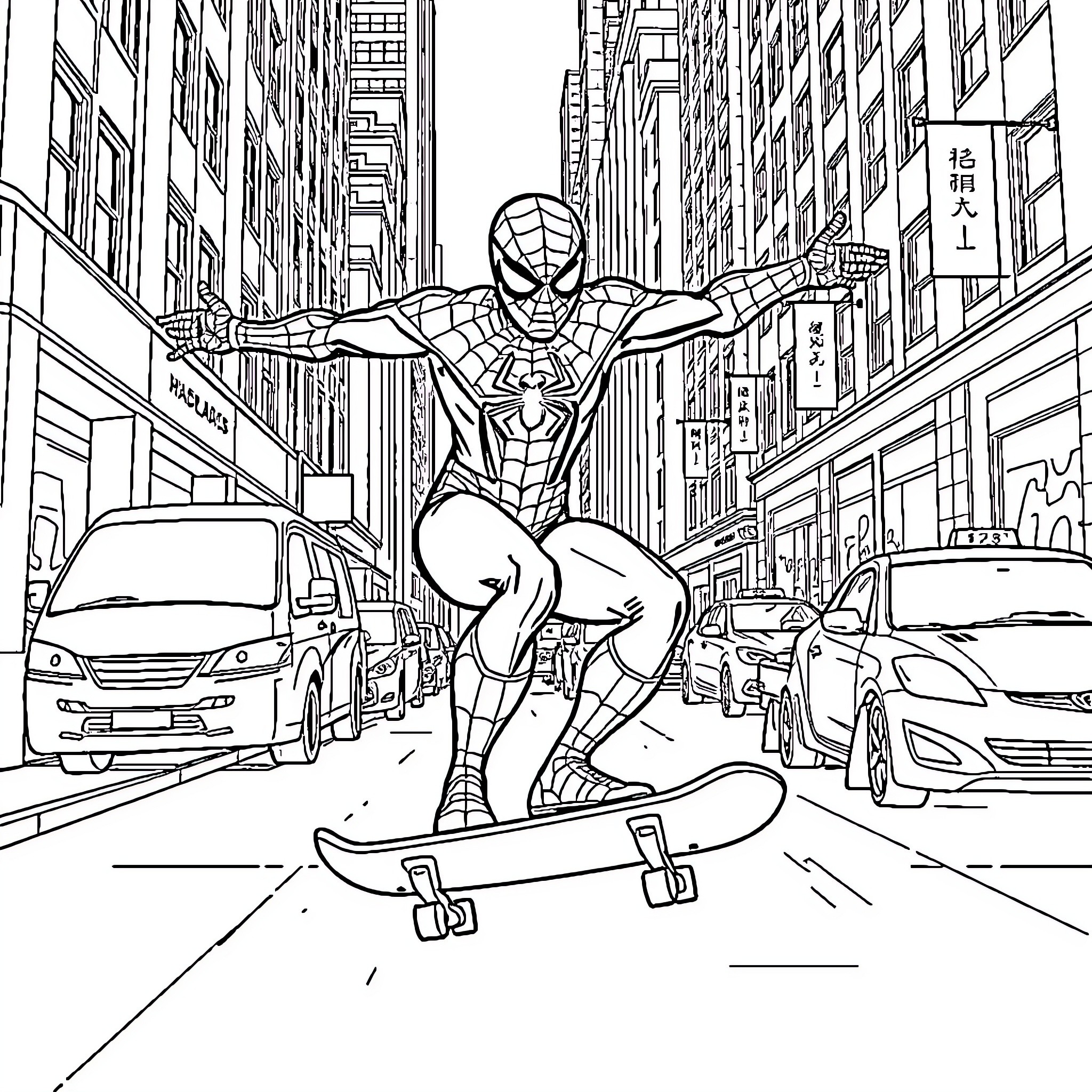 Spiderman skateboarding through the city streets Coloring Page (free black-and-white line drawing printable PDF for all, from beginners to advanced learners, including children, teens, adults, and seniors)