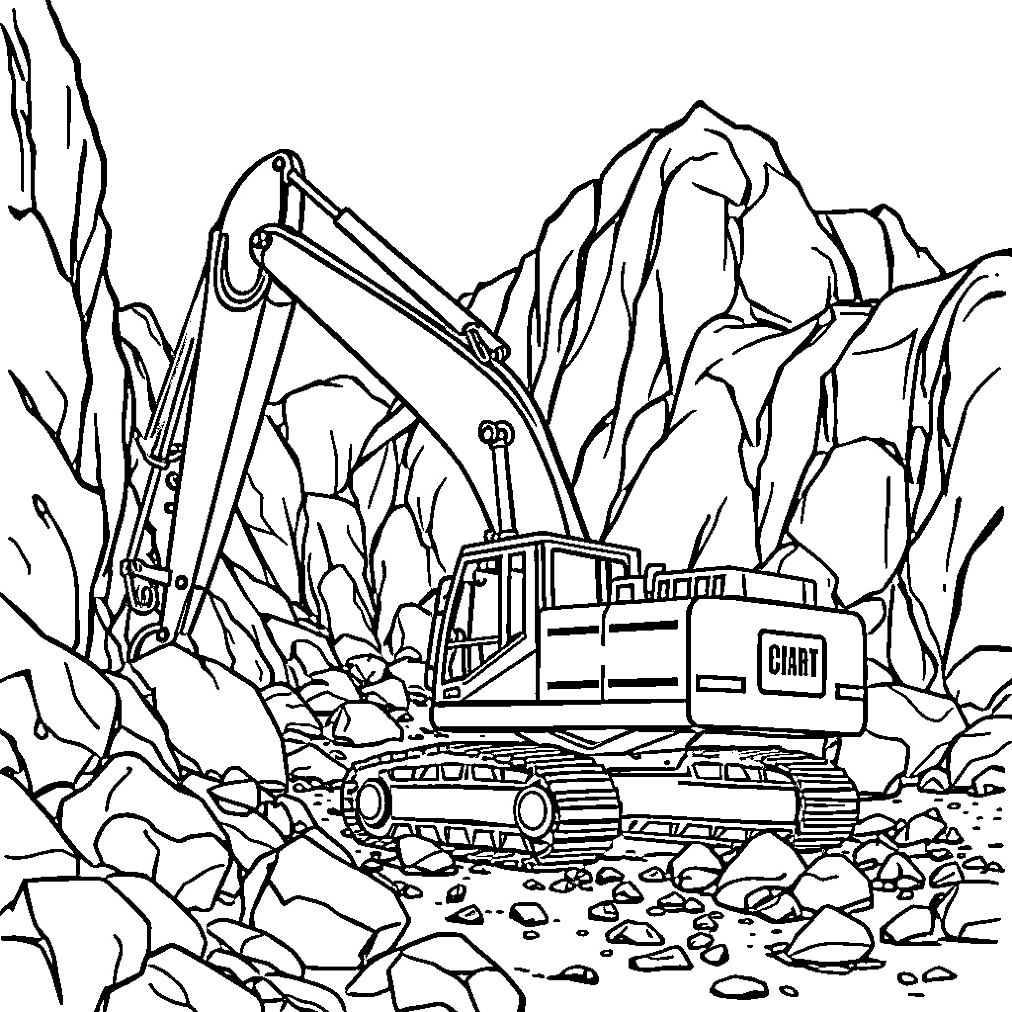 Excavator working in rugged mountain terrain Coloring Page (free black-and-white line drawing printable PDF for all, from beginners to advanced learners, including children, teens, adults, and seniors)