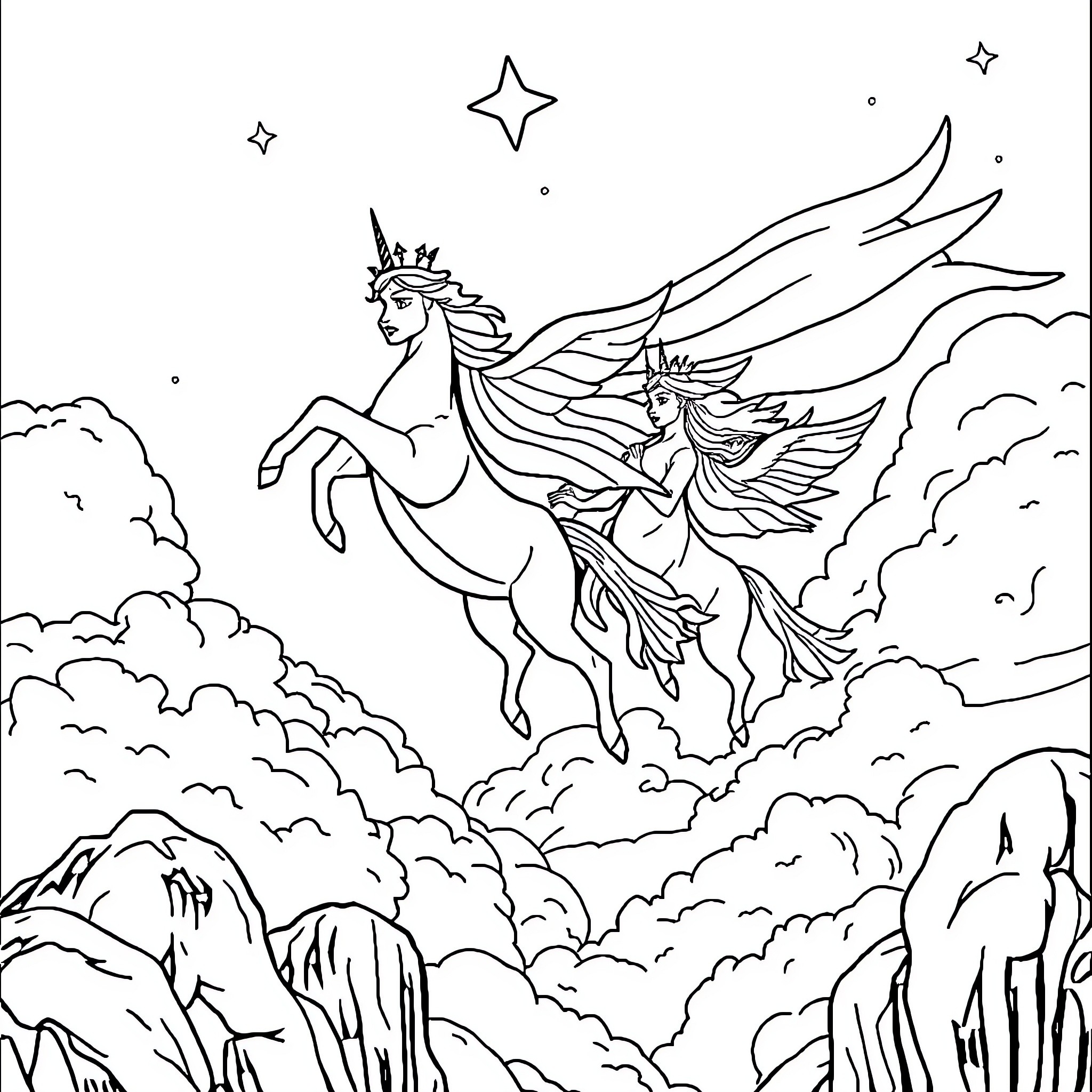 Prince and Princess Soaring in the Magical Sky Coloring Page (free black-and-white line drawing printable PDF for all, from beginners to advanced learners, including children, teens, adults, and seniors)