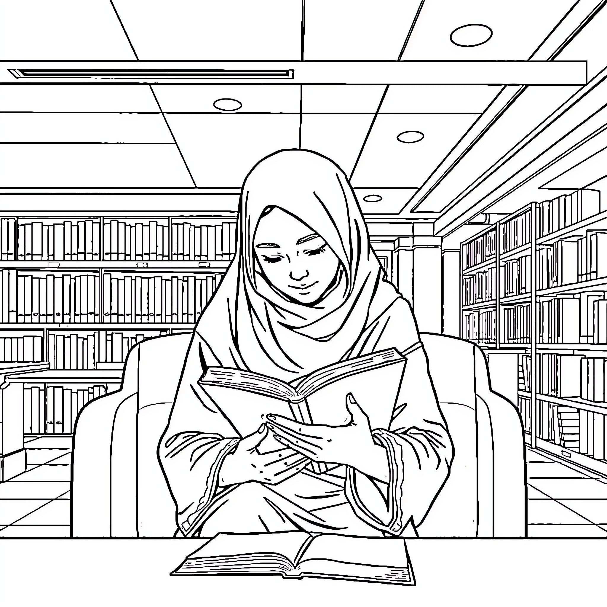 Woman studying intently in the library Coloring Page (free black-and-white line drawing printable PDF for all, from beginners to advanced learners, including children, teens, adults, and seniors)