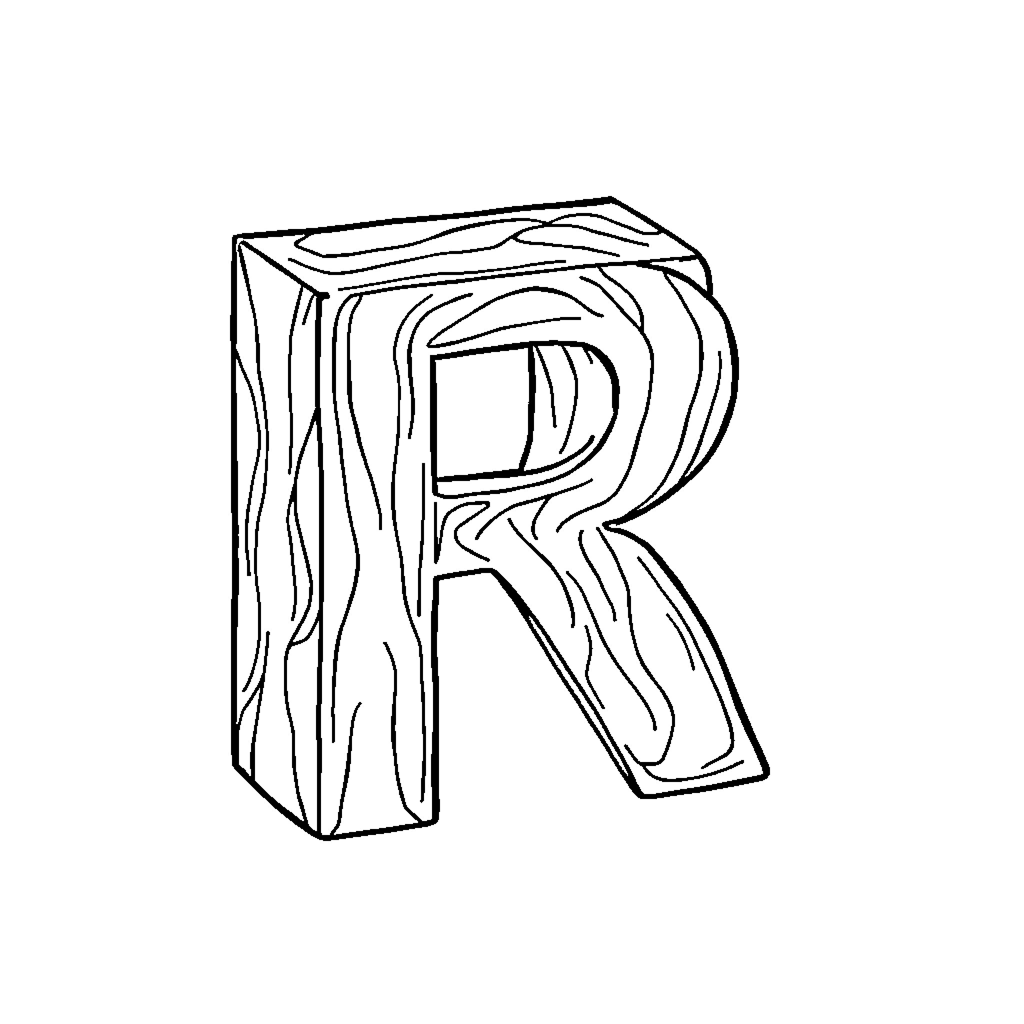 Rustic Wooden Textured Letter R Coloring Page (free black-and-white line drawing printable PDF for all, from beginners to advanced learners, including children, teens, adults, and seniors)