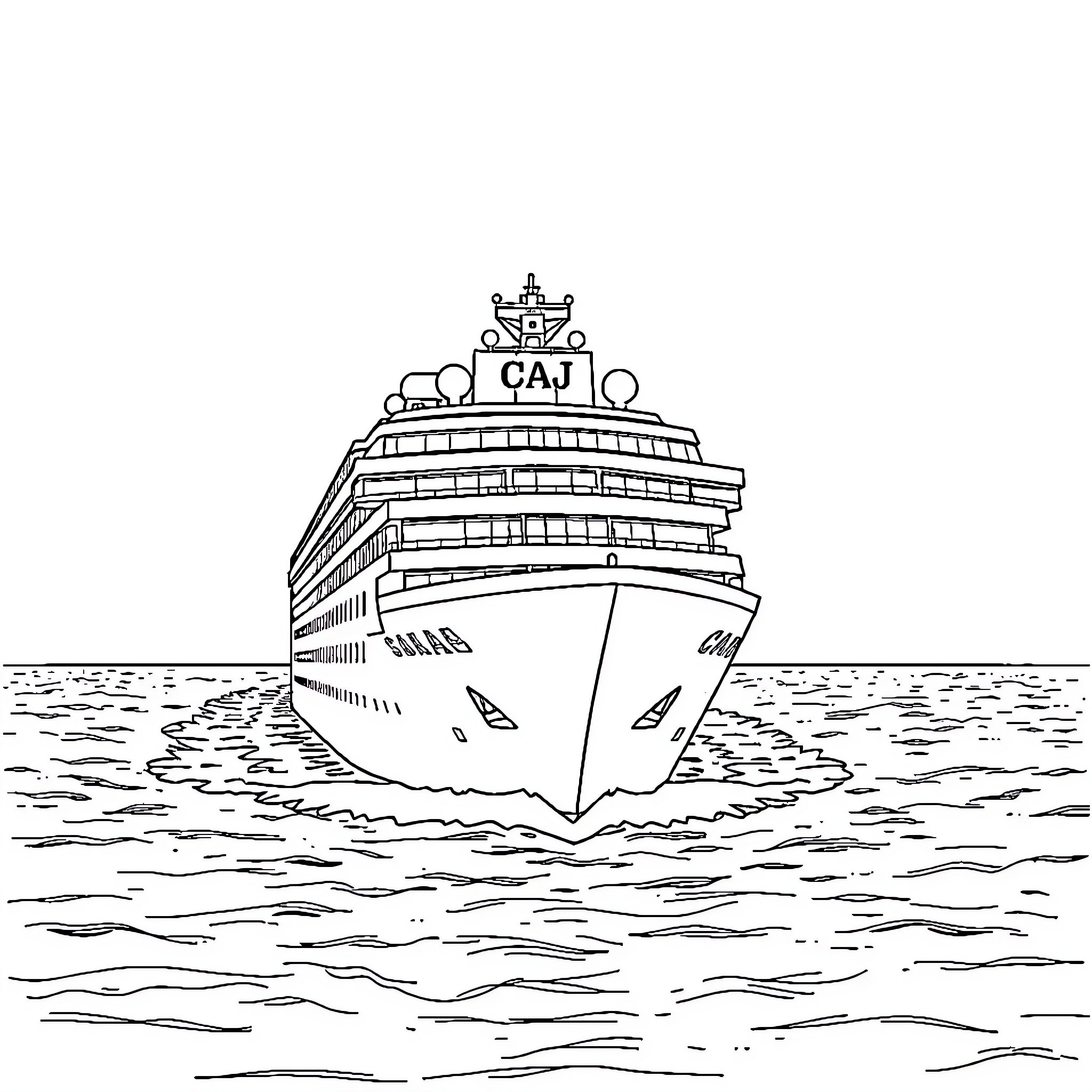 Cruise Ship Sailing Across the Open Waters Coloring Page (free black-and-white line drawing printable PDF for all, from beginners to advanced learners, including children, teens, adults, and seniors)