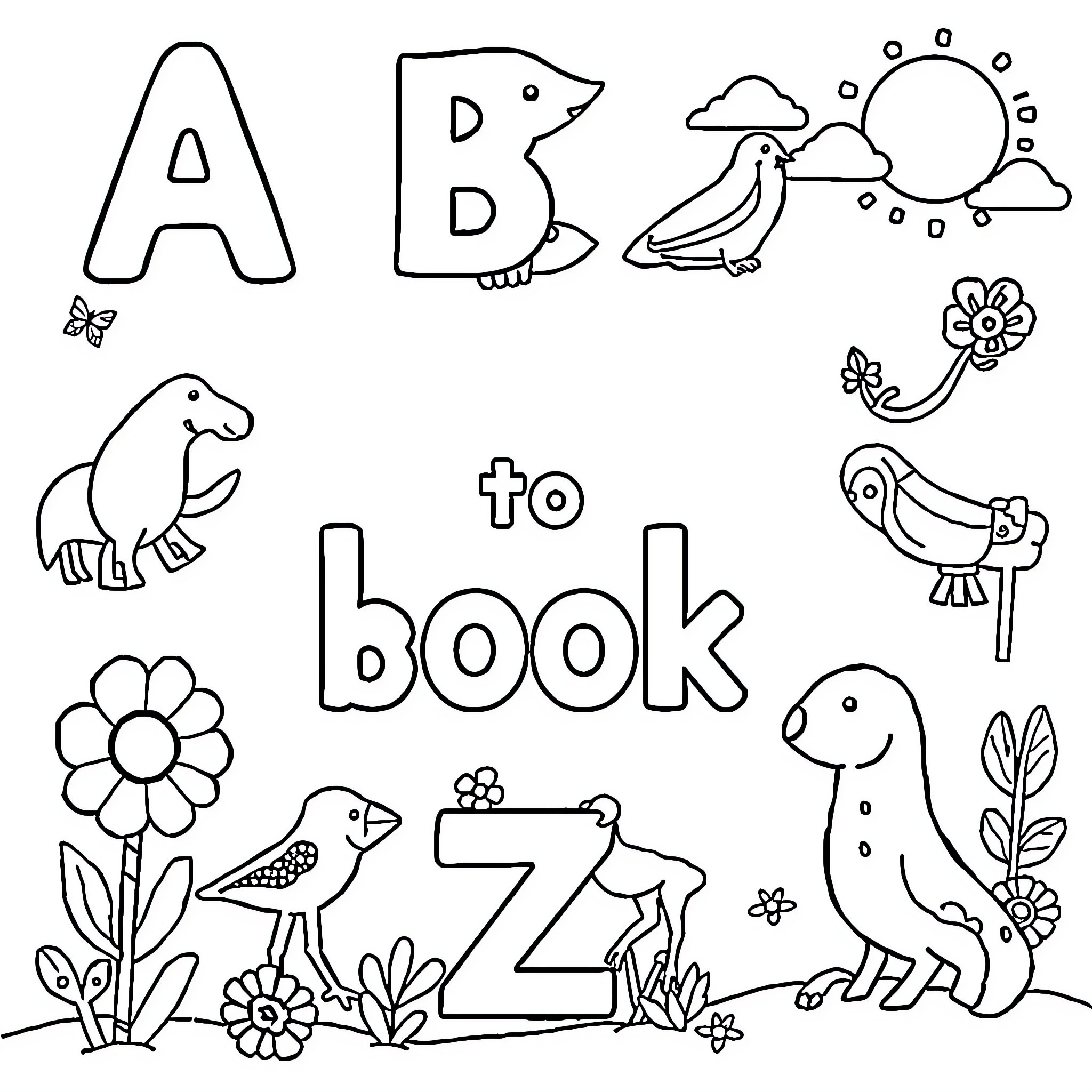 Alphabet animals and nature scene for a book Coloring Page (free black-and-white line drawing printable PDF for all, from beginners to advanced learners, including children, teens, adults, and seniors)