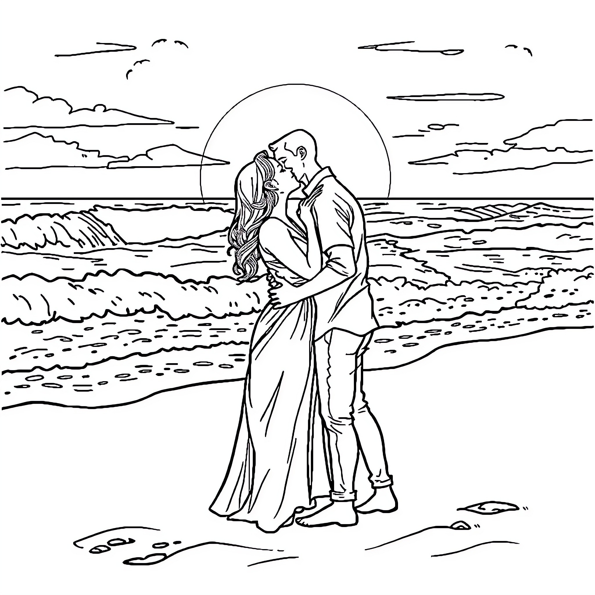 Couple embracing on the beach at sunset Coloring Page (free black-and-white line drawing printable PDF for all, from beginners to advanced learners, including children, teens, adults, and seniors)