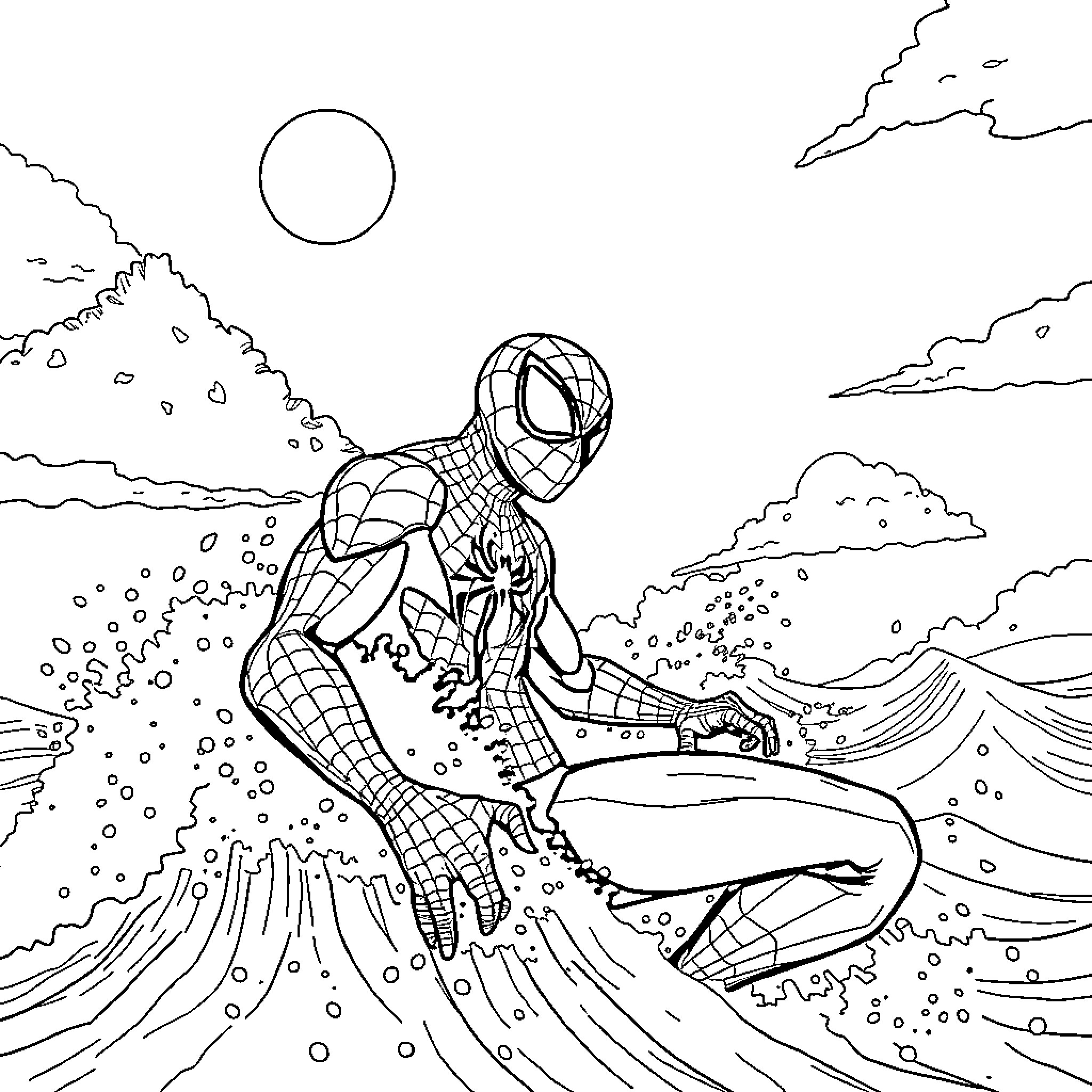 Spiderman climbing waves in a stormy night Coloring Page (free black-and-white line drawing printable PDF for all, from beginners to advanced learners, including children, teens, adults, and seniors)