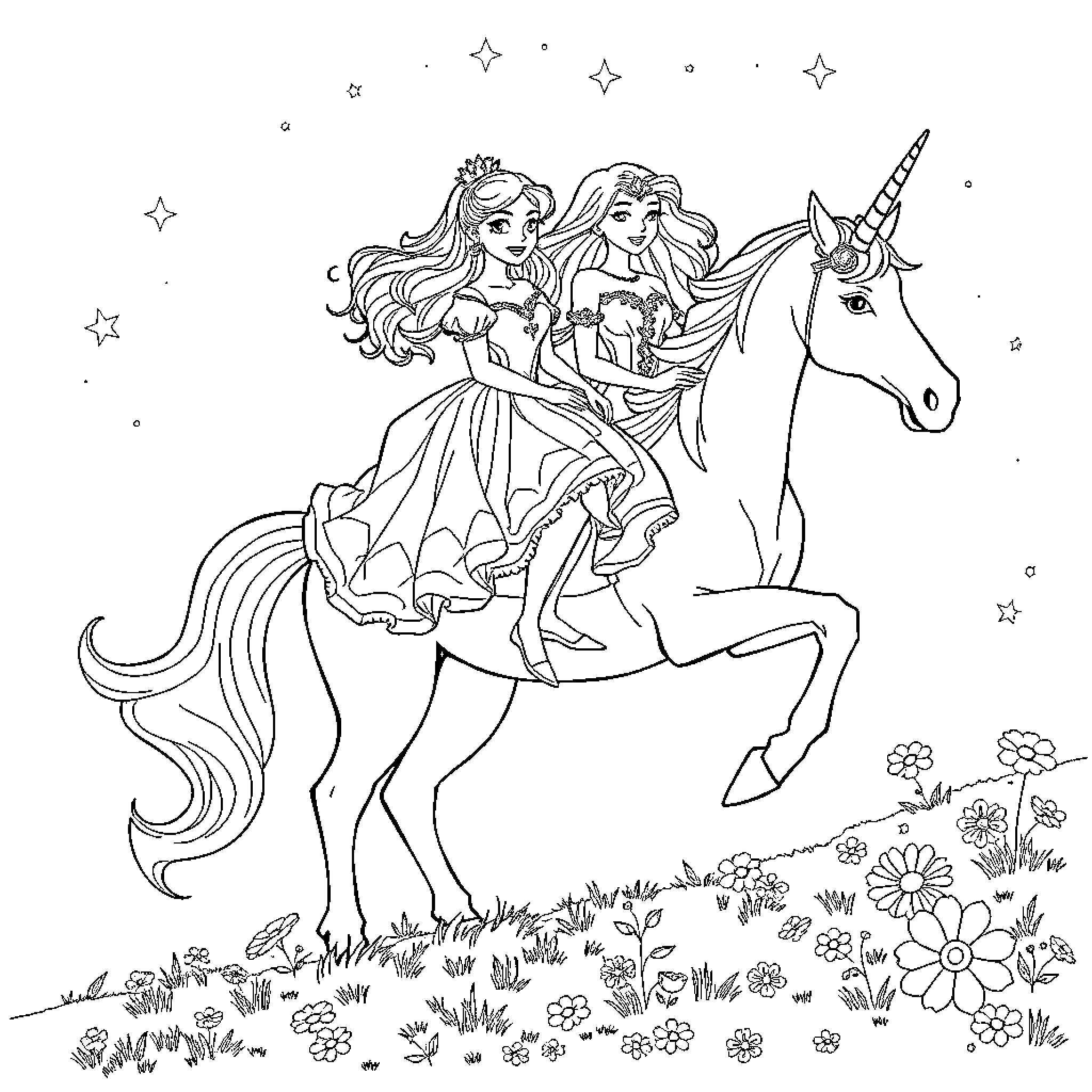 Princess Friends Riding Unicorn in Magical Meadow Coloring Page (free black-and-white line drawing printable PDF for all, from beginners to advanced learners, including children, teens, adults, and seniors)