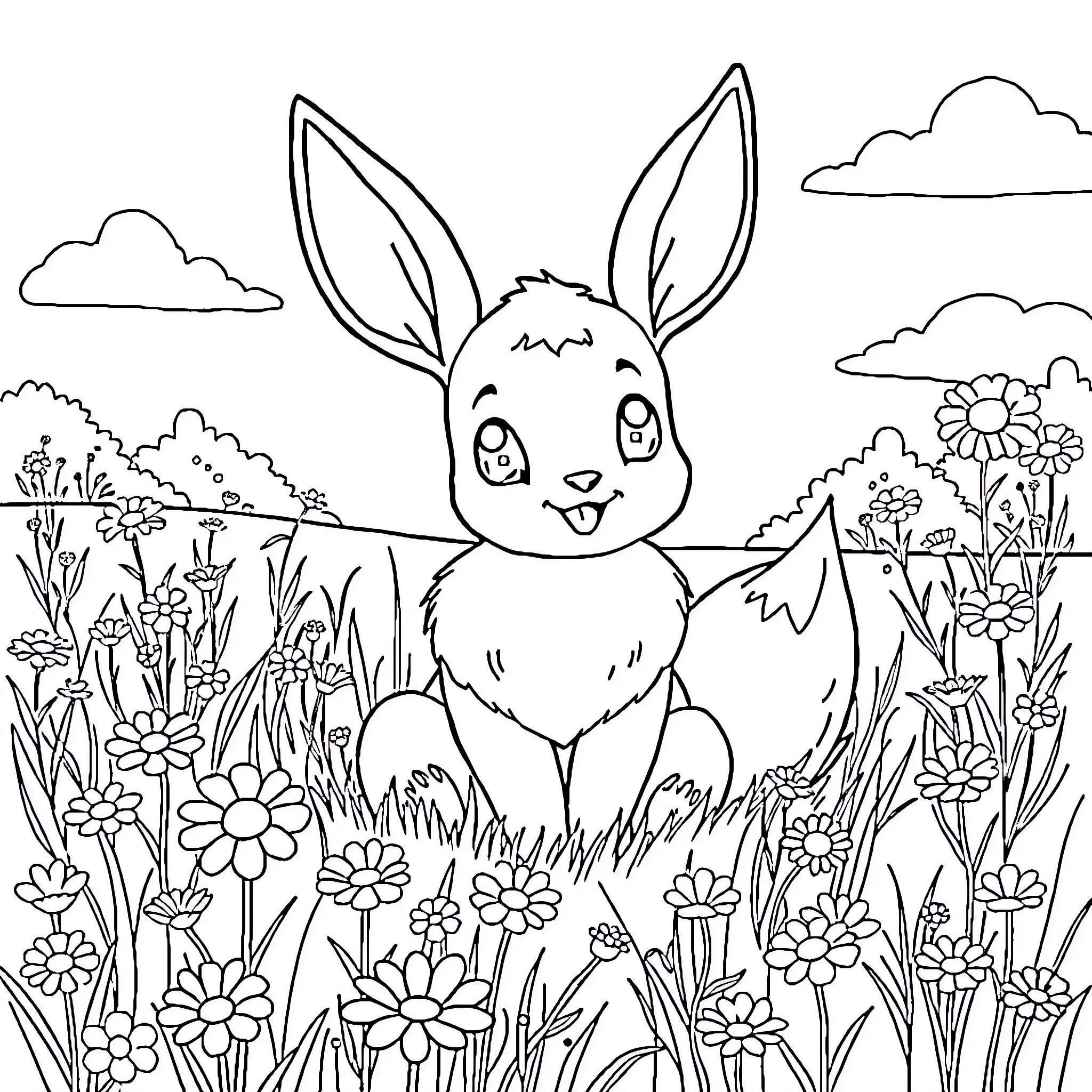Eevee exploring a vibrant floral meadow Coloring Page (free black-and-white line drawing printable PDF for all, from beginners to advanced learners, including children, teens, adults, and seniors)