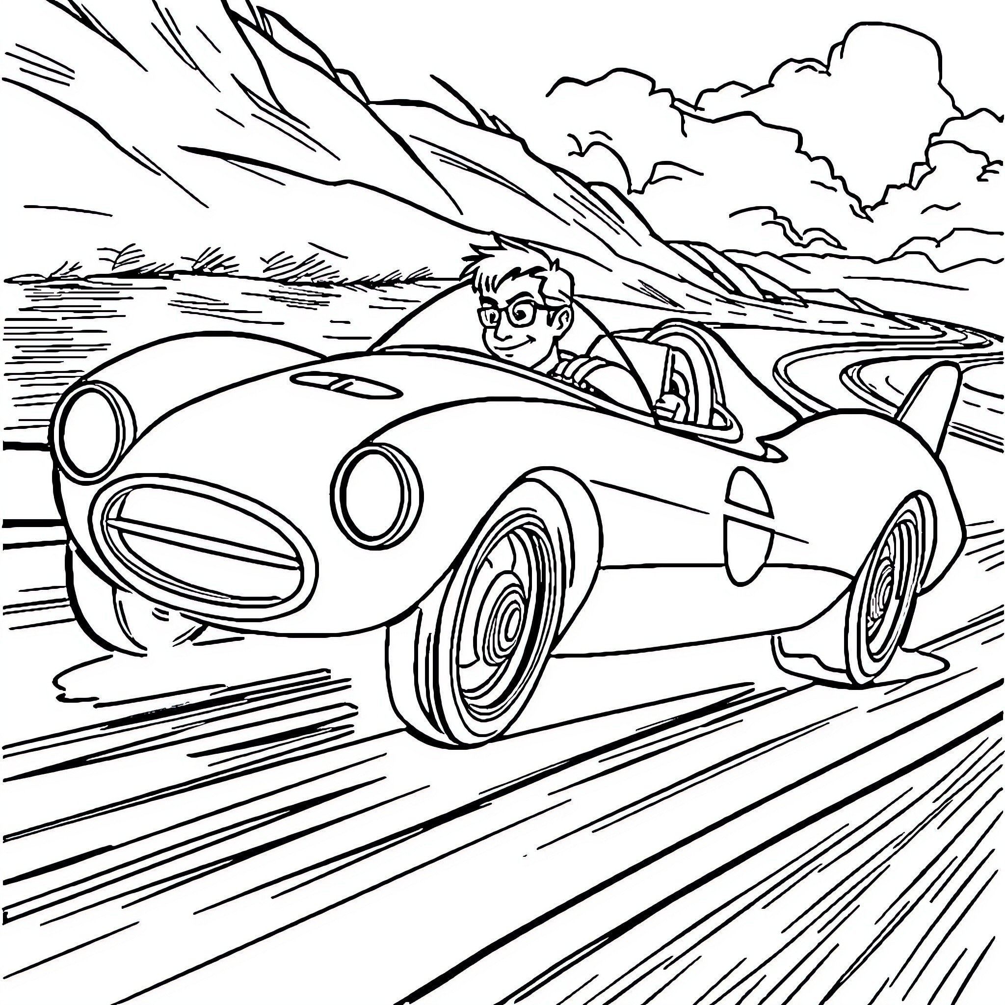 Speed Racer zipping through the open road Coloring Page (free black-and-white line drawing printable PDF for all, from beginners to advanced learners, including children, teens, adults, and seniors)