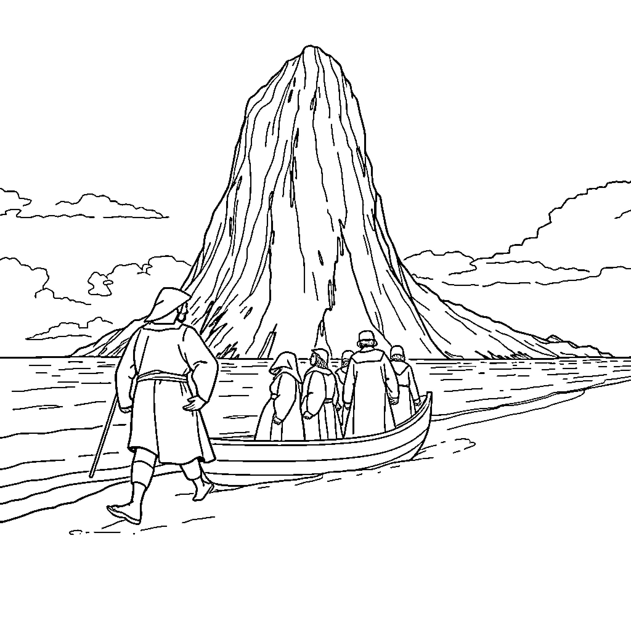 Pilgrim Travelers Crossing the River Coloring Page (free black-and-white line drawing printable PDF for all, from beginners to advanced learners, including children, teens, adults, and seniors)