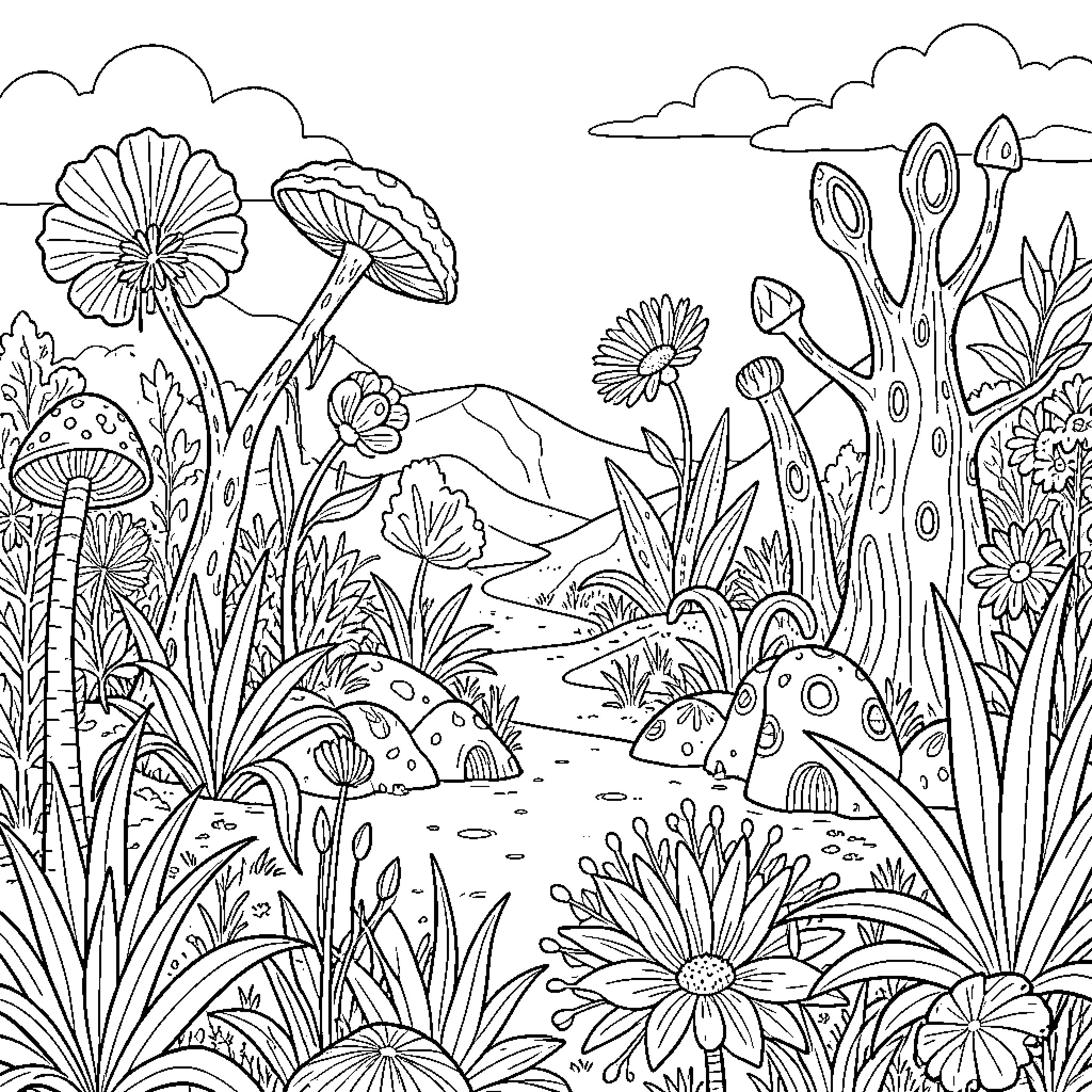 Garden landscape featuring whimsical mushrooms and exotic plants Coloring Page (free black-and-white line drawing printable PDF for all, from beginners to advanced learners, including children, teens, adults, and seniors)