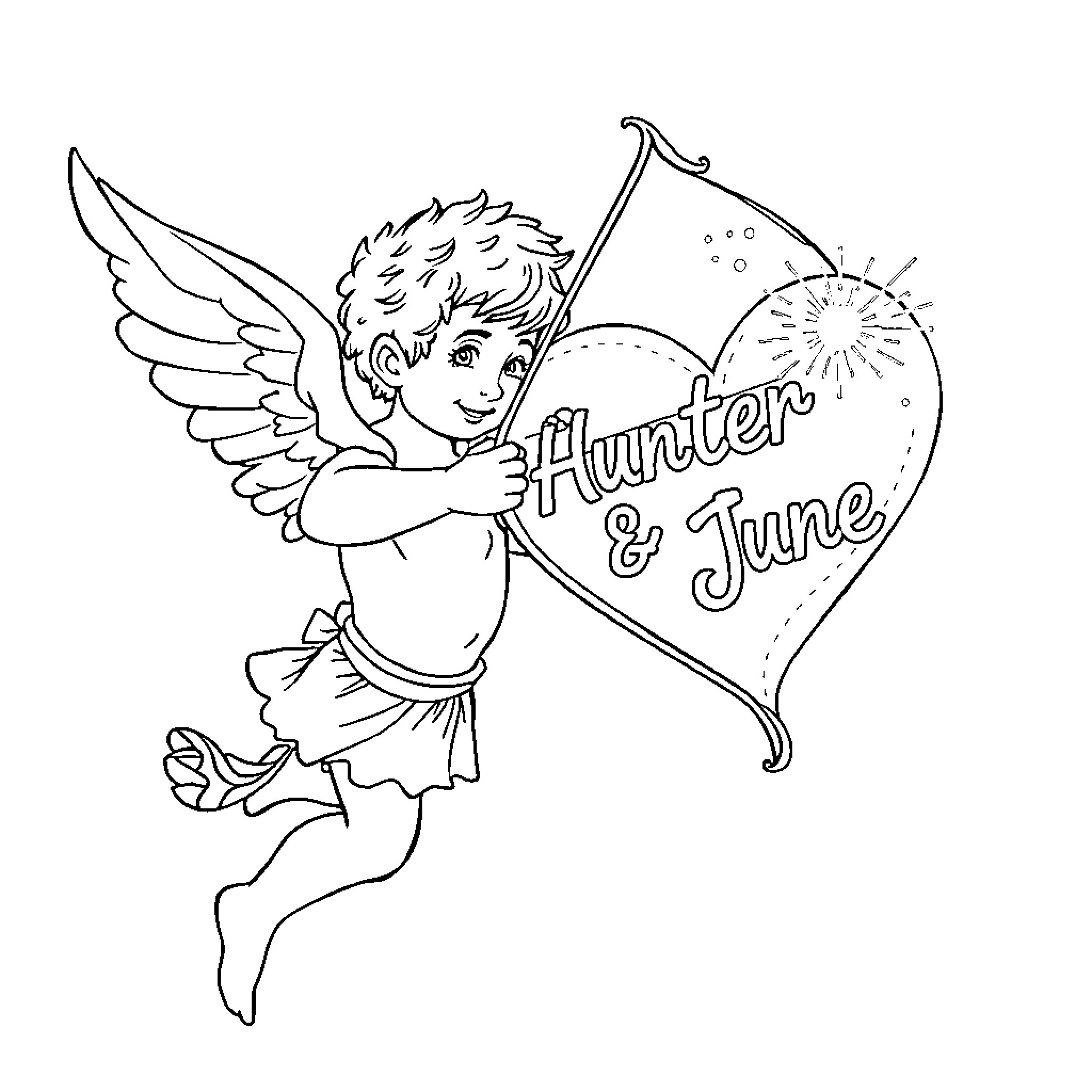 Cupid aiming at a heart with 'Hunter & June' Coloring Page (free black-and-white line drawing printable PDF for all, from beginners to advanced learners, including children, teens, adults, and seniors)