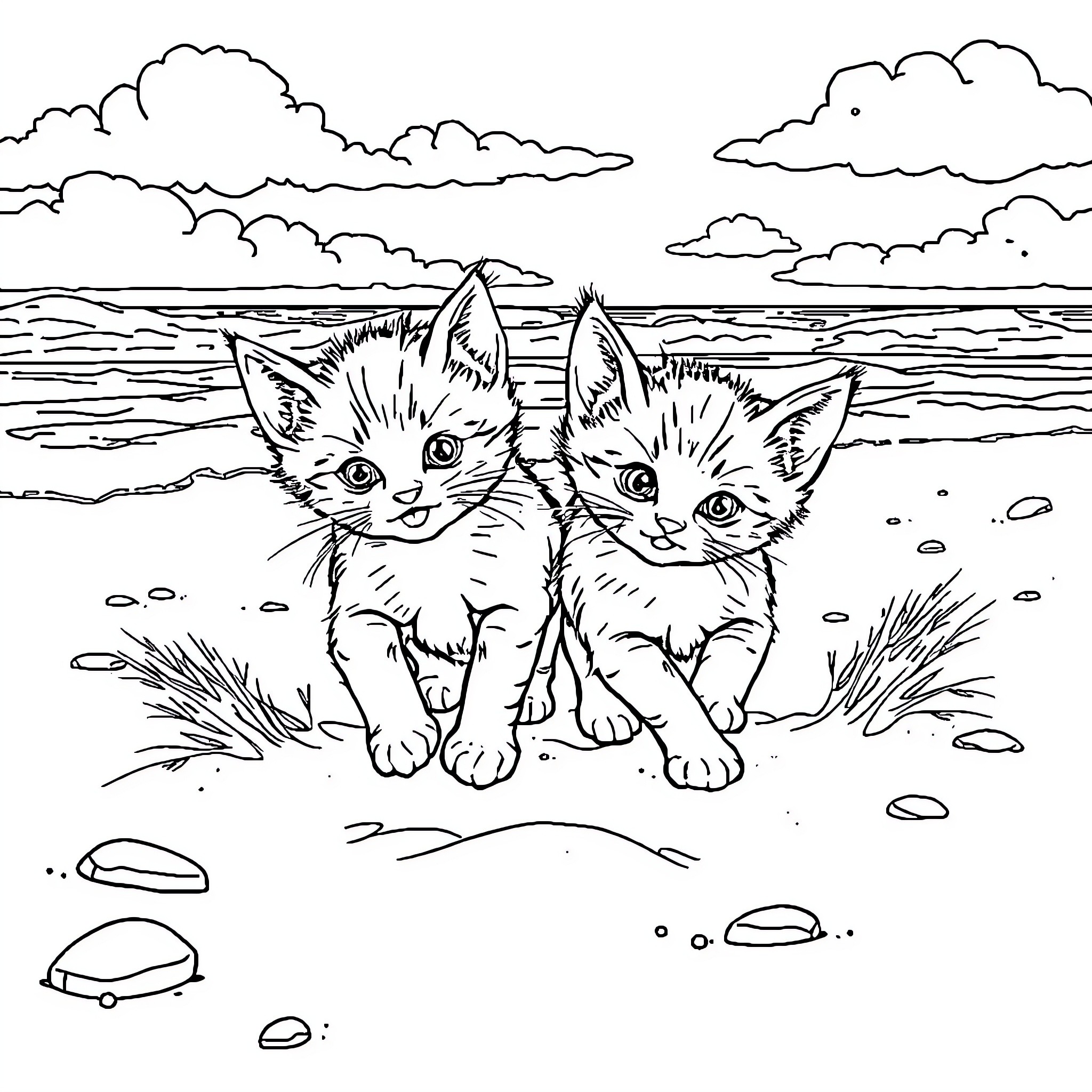 Kittens exploring the beach Coloring Page (free black-and-white line drawing printable PDF for all, from beginners to advanced learners, including children, teens, adults, and seniors)