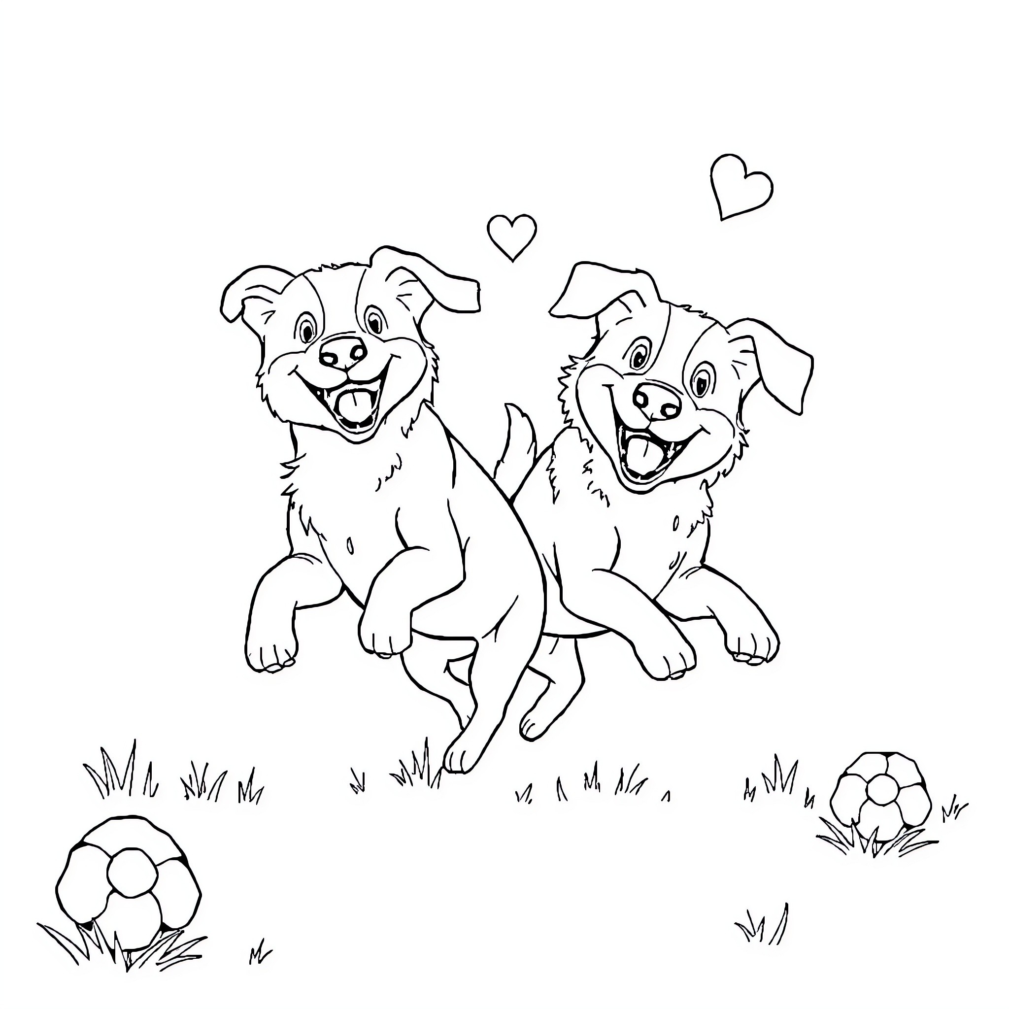 Dog friends playing joyfully in the park Coloring Page (free black-and-white line drawing printable PDF for all, from beginners to advanced learners, including children, teens, adults, and seniors)