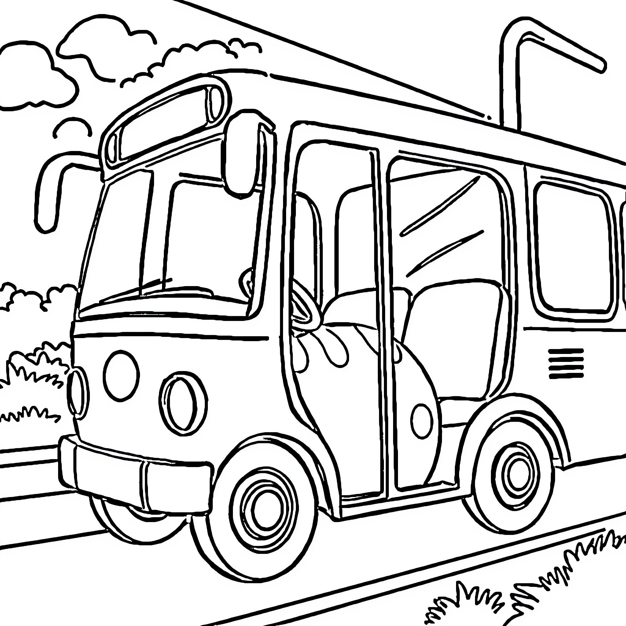 Paw Patrol bus on the road Coloring Page (free black-and-white line drawing printable PDF for all, from beginners to advanced learners, including children, teens, adults, and seniors)