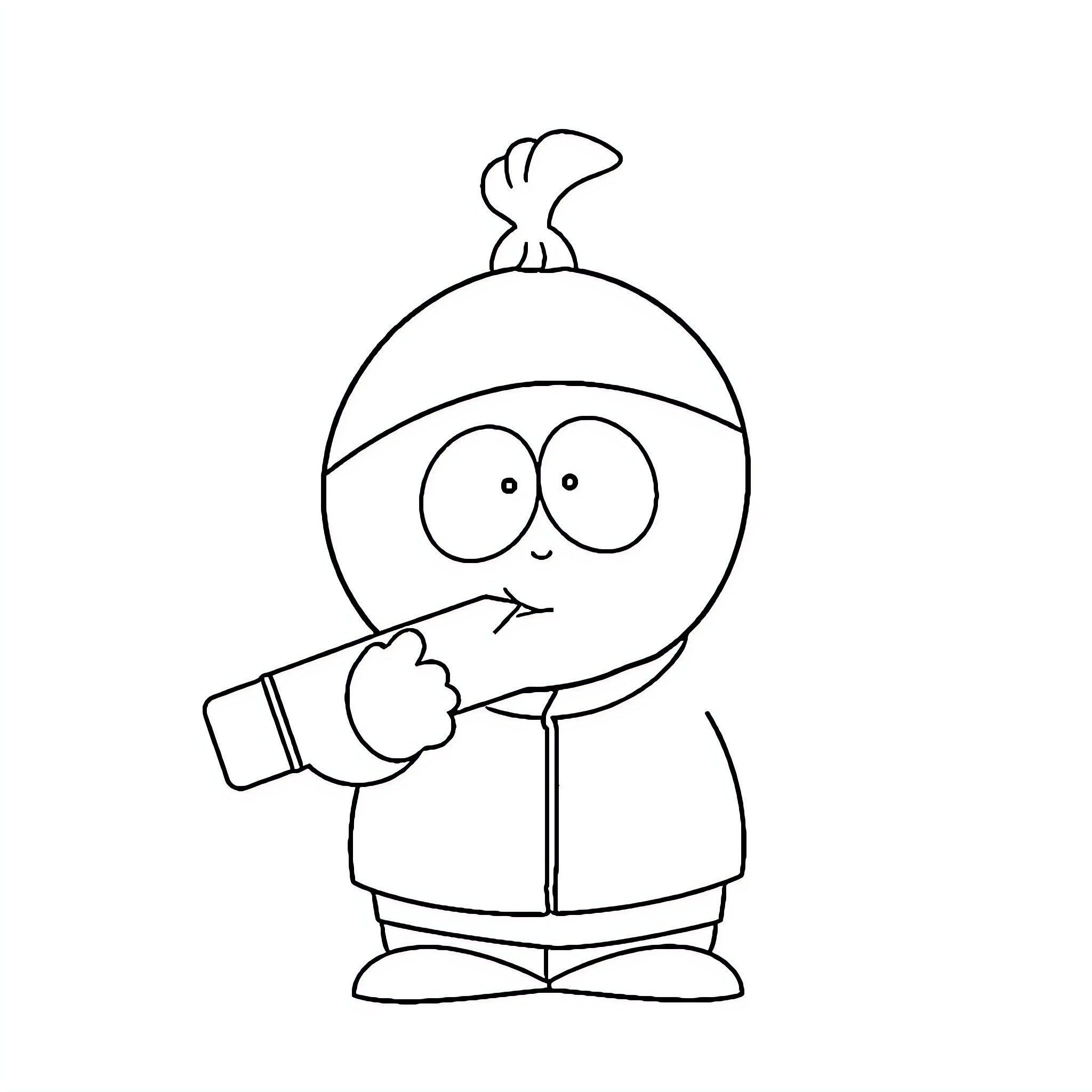 Butters using a smartphone with a curious expression Coloring Page (free black-and-white line drawing printable PDF for all, from beginners to advanced learners, including children, teens, adults, and seniors)