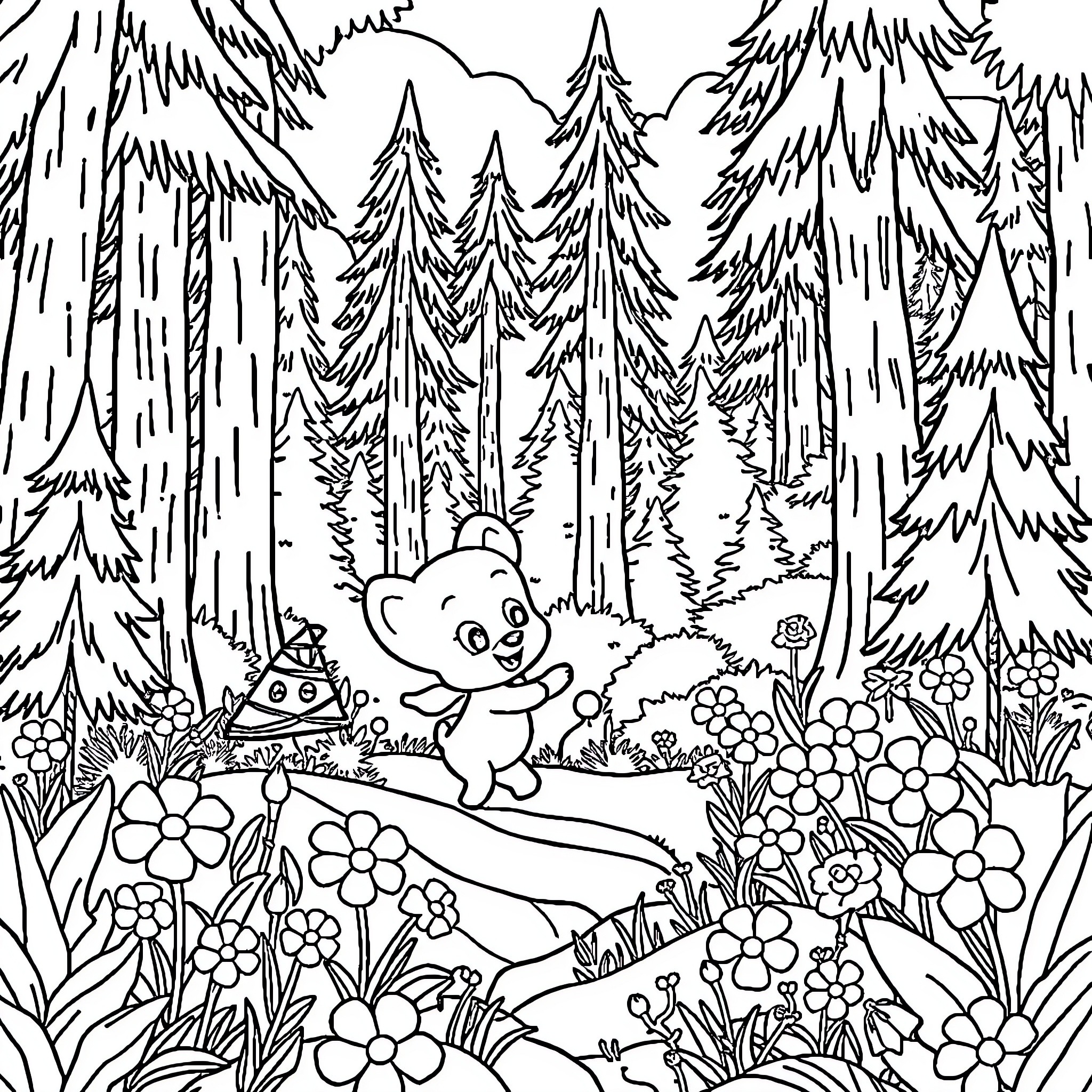 Laboboo's Enchanted Forest Adventure Coloring Page (free black-and-white line drawing printable PDF for all, from beginners to advanced learners, including children, teens, adults, and seniors)