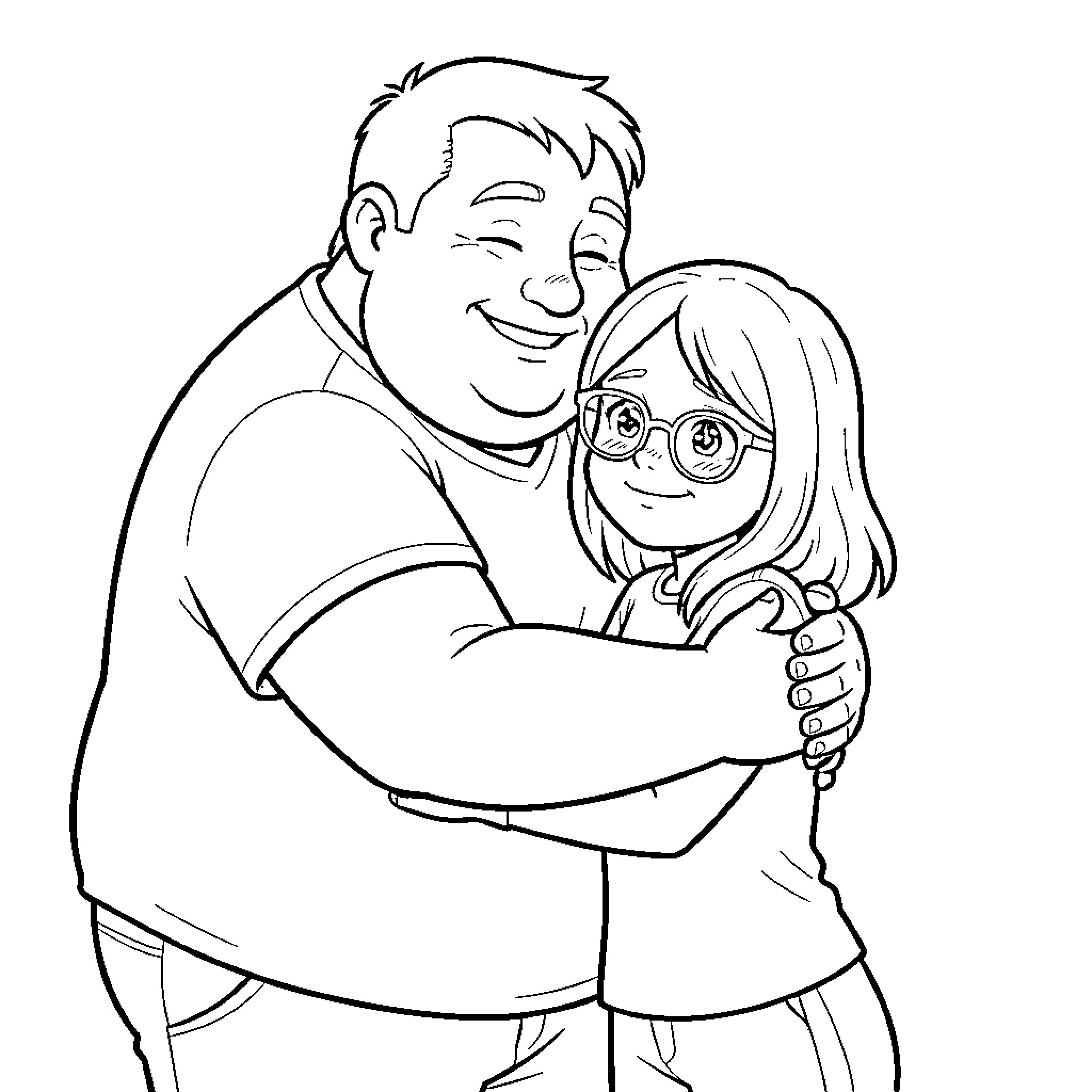 Dude giving a warm hug to a young girl Coloring Page (free black-and-white line drawing printable PDF for all, from beginners to advanced learners, including children, teens, adults, and seniors)