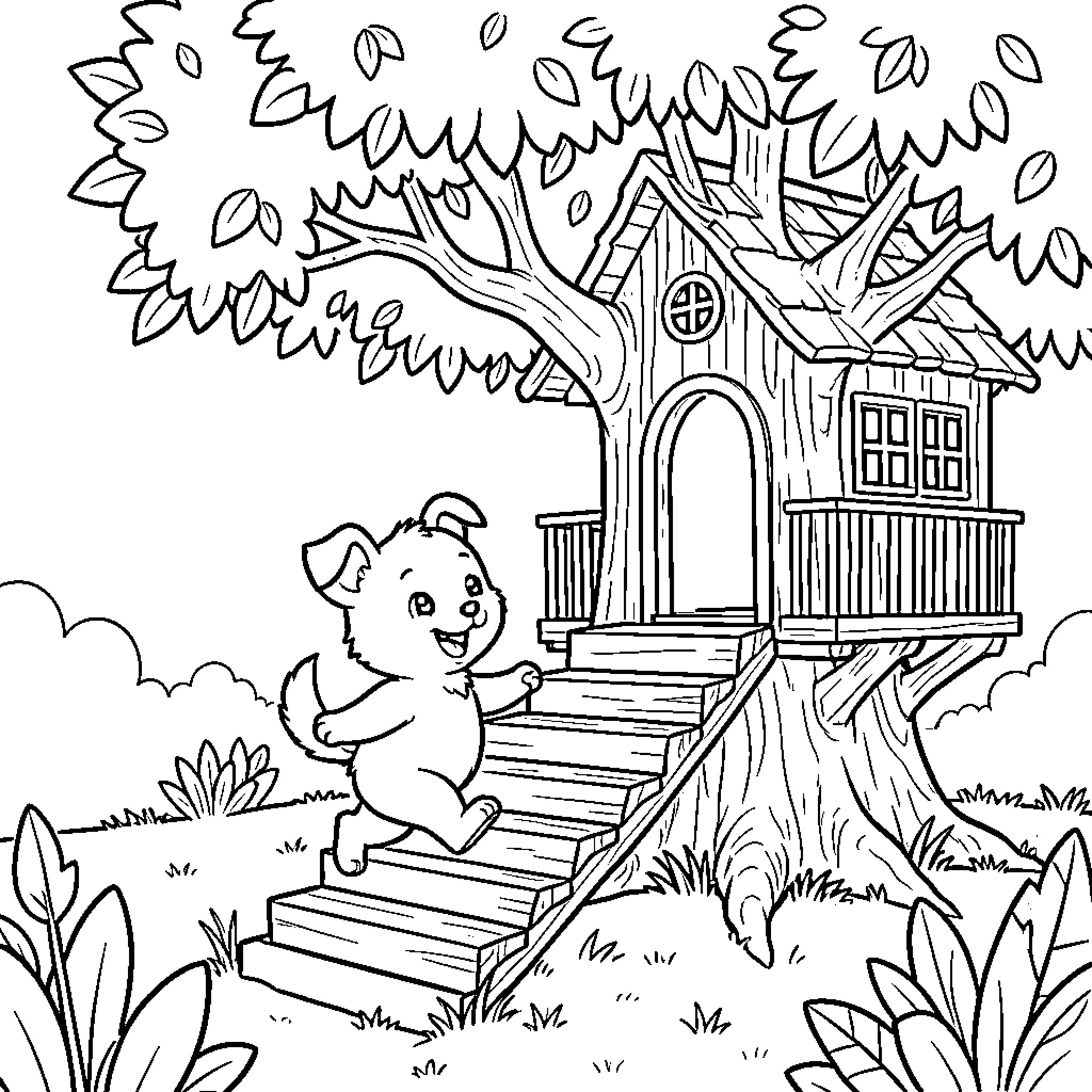 Perrito exploring the cozy treehouse Coloring Page (free black-and-white line drawing printable PDF for all, from beginners to advanced learners, including children, teens, adults, and seniors)