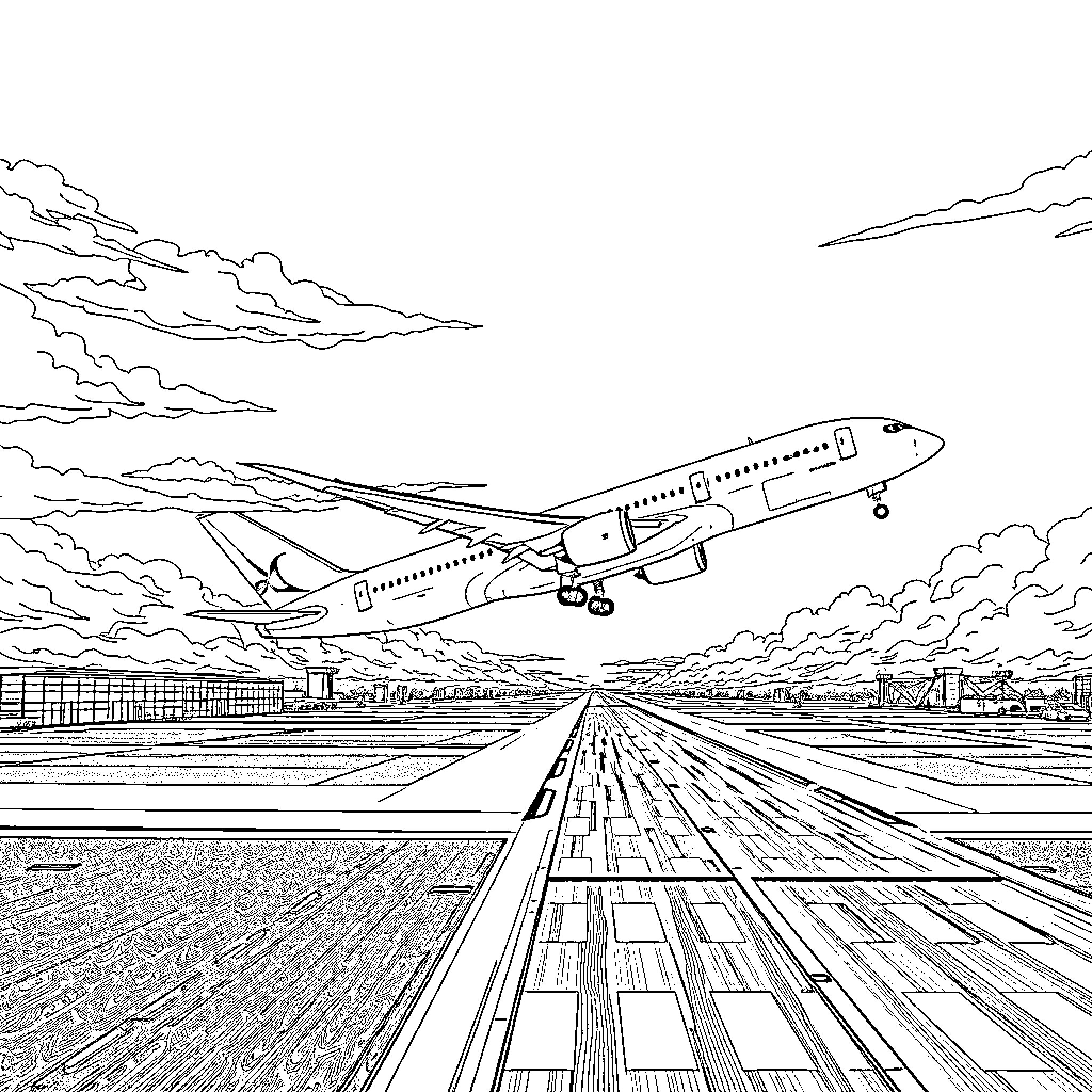 Boeing aircraft taking off from runway Coloring Page (free black-and-white line drawing printable PDF for all, from beginners to advanced learners, including children, teens, adults, and seniors)