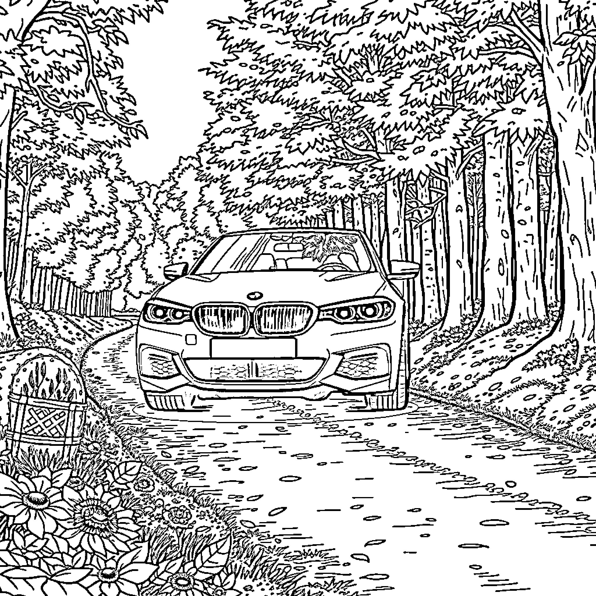 BMW driving through a scenic forest landscape Coloring Page (free black-and-white line drawing printable PDF for all, from beginners to advanced learners, including children, teens, adults, and seniors)