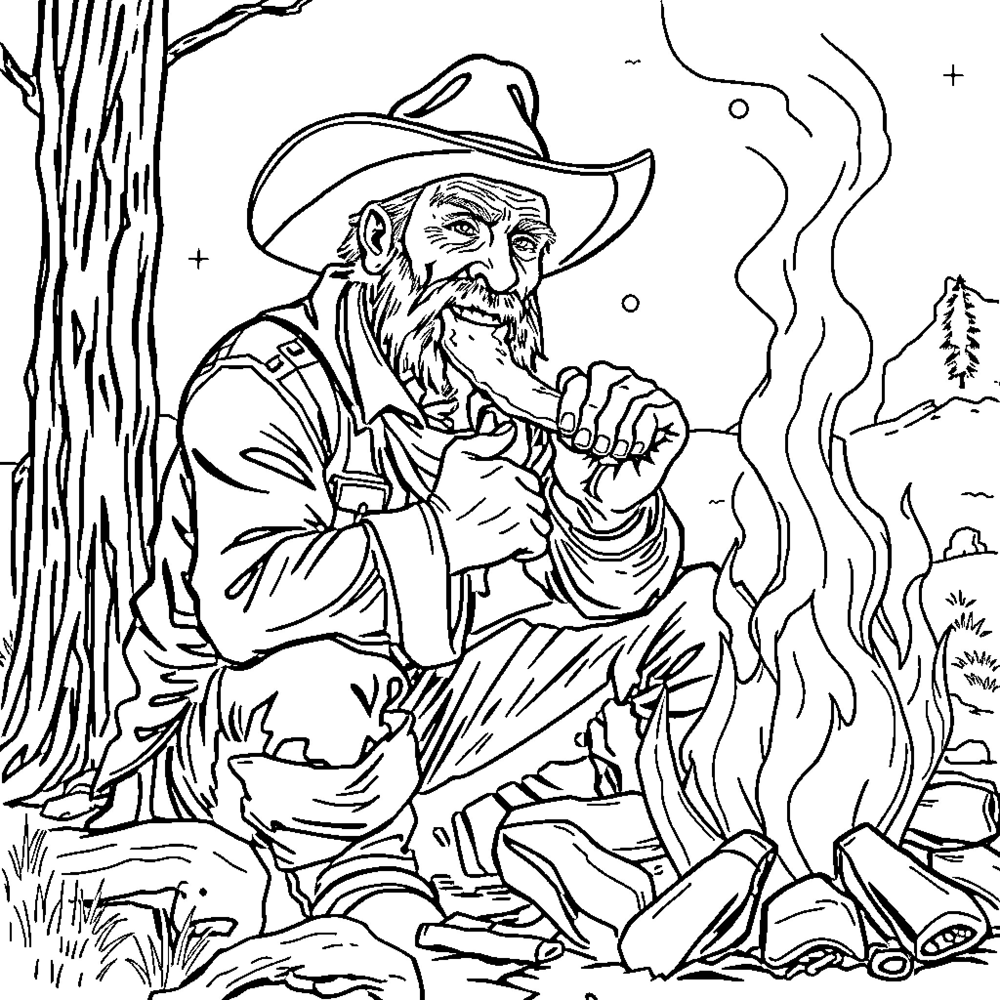 Cowboy resting by the campfire in the wilderness Coloring Page (free black-and-white line drawing printable PDF for all, from beginners to advanced learners, including children, teens, adults, and seniors)