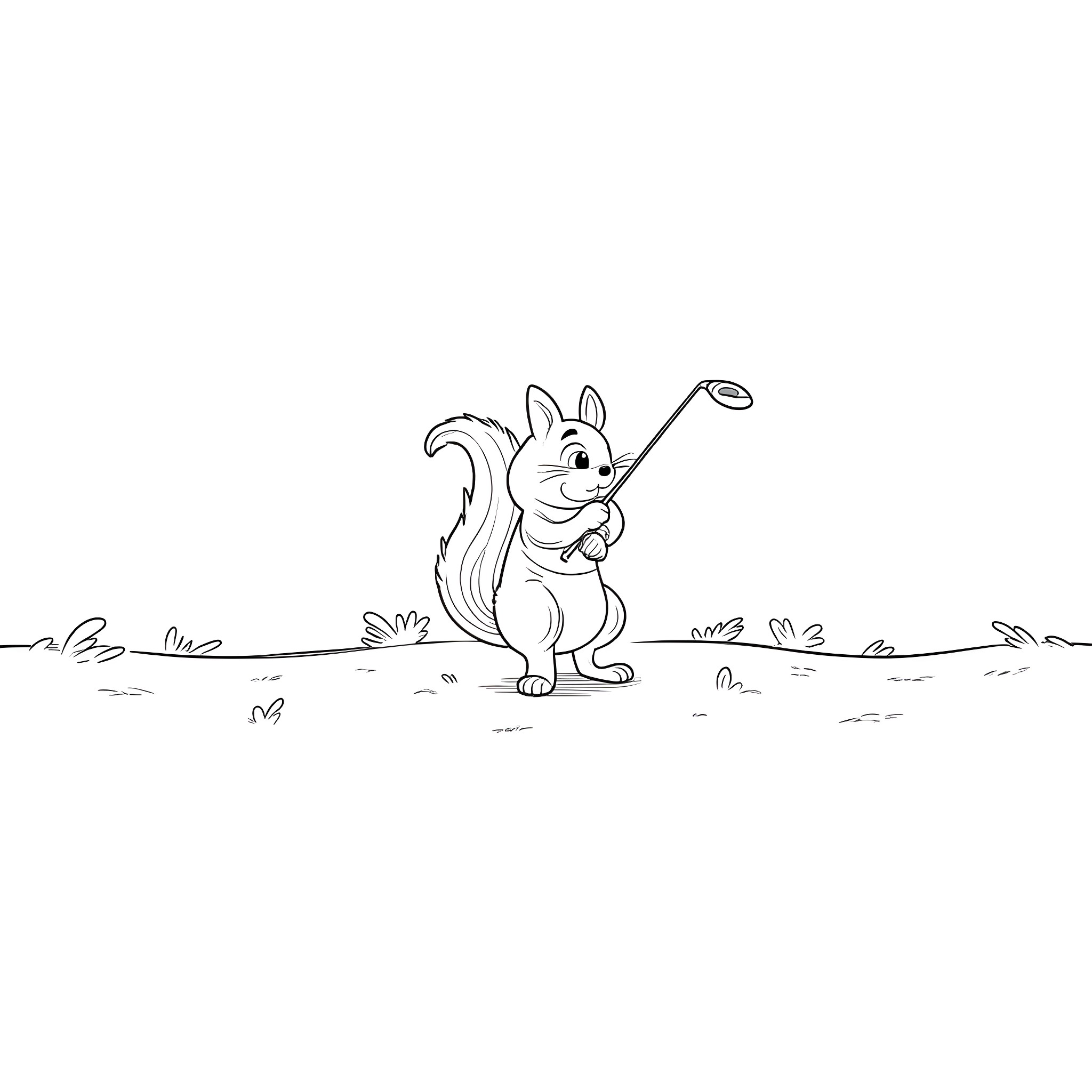 Squirrel fishing in the field Coloring Page (free black-and-white line drawing printable PDF for all, from beginners to advanced learners, including children, teens, adults, and seniors)