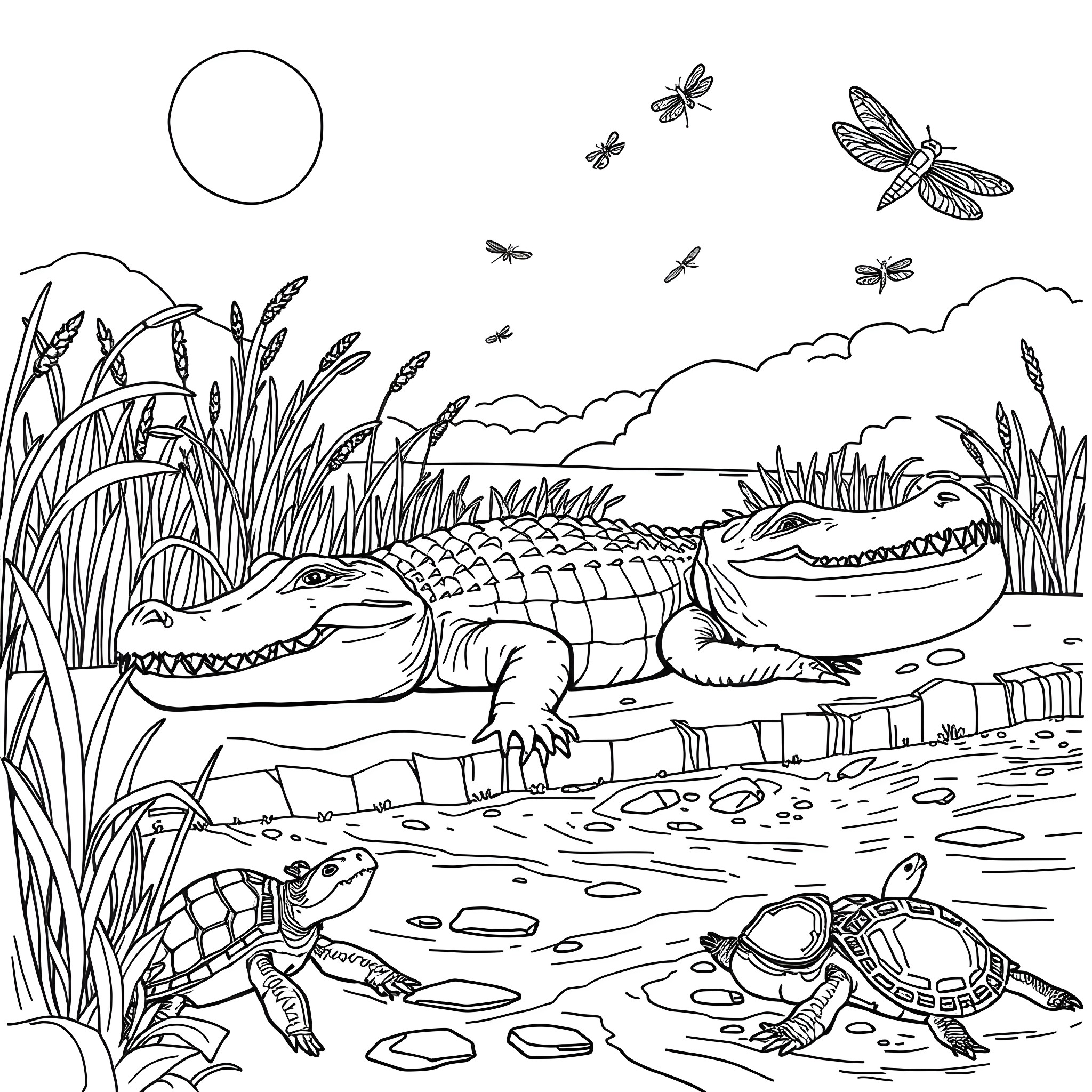Alligator resting in the swamp with other wildlife Coloring Page (free black-and-white line drawing printable PDF for all, from beginners to advanced learners, including children, teens, adults, and seniors)