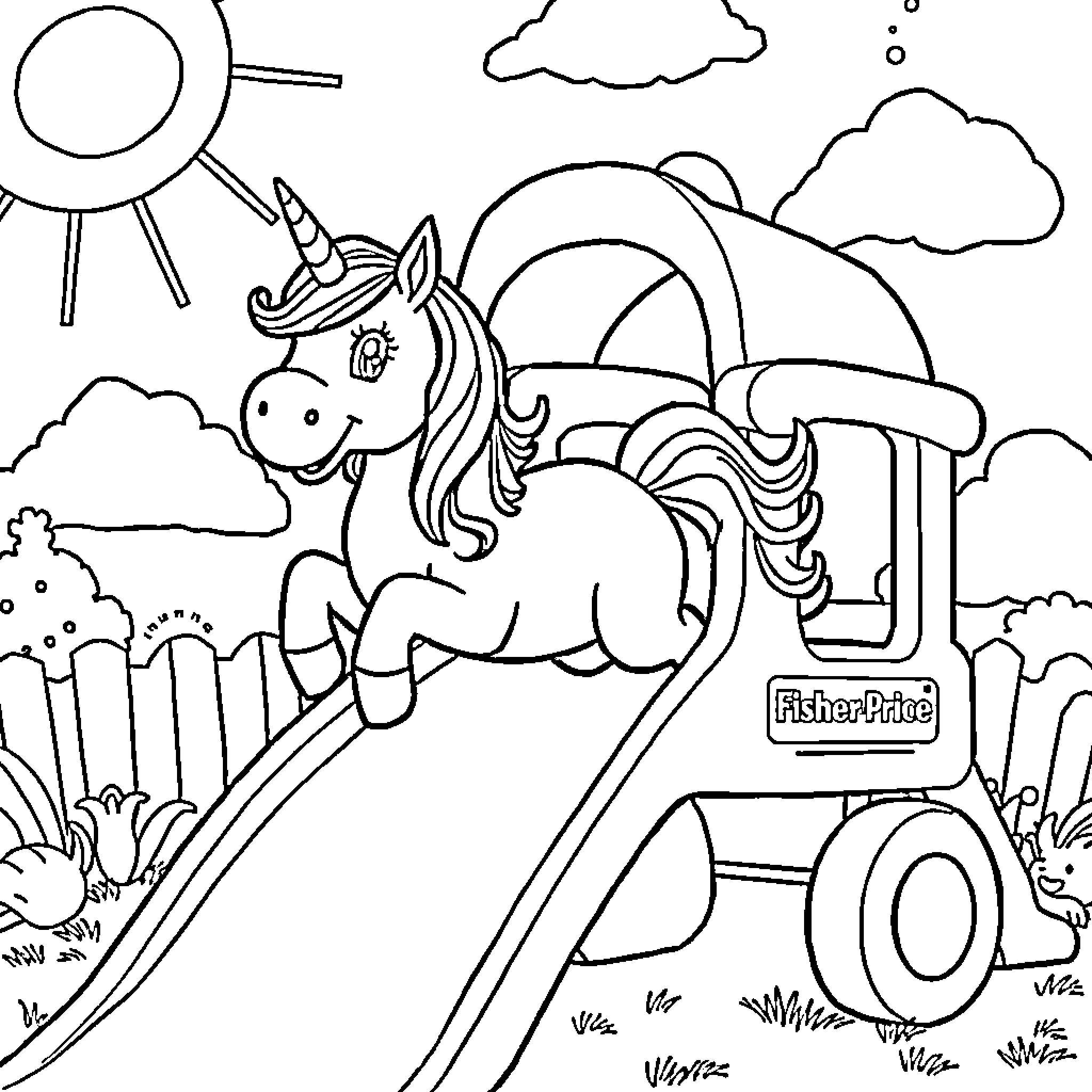Unicorn riding a Fisher-Price toy slide in a whimsical landscape Coloring Page (free black-and-white line drawing printable PDF for all, from beginners to advanced learners, including children, teens, adults, and seniors)