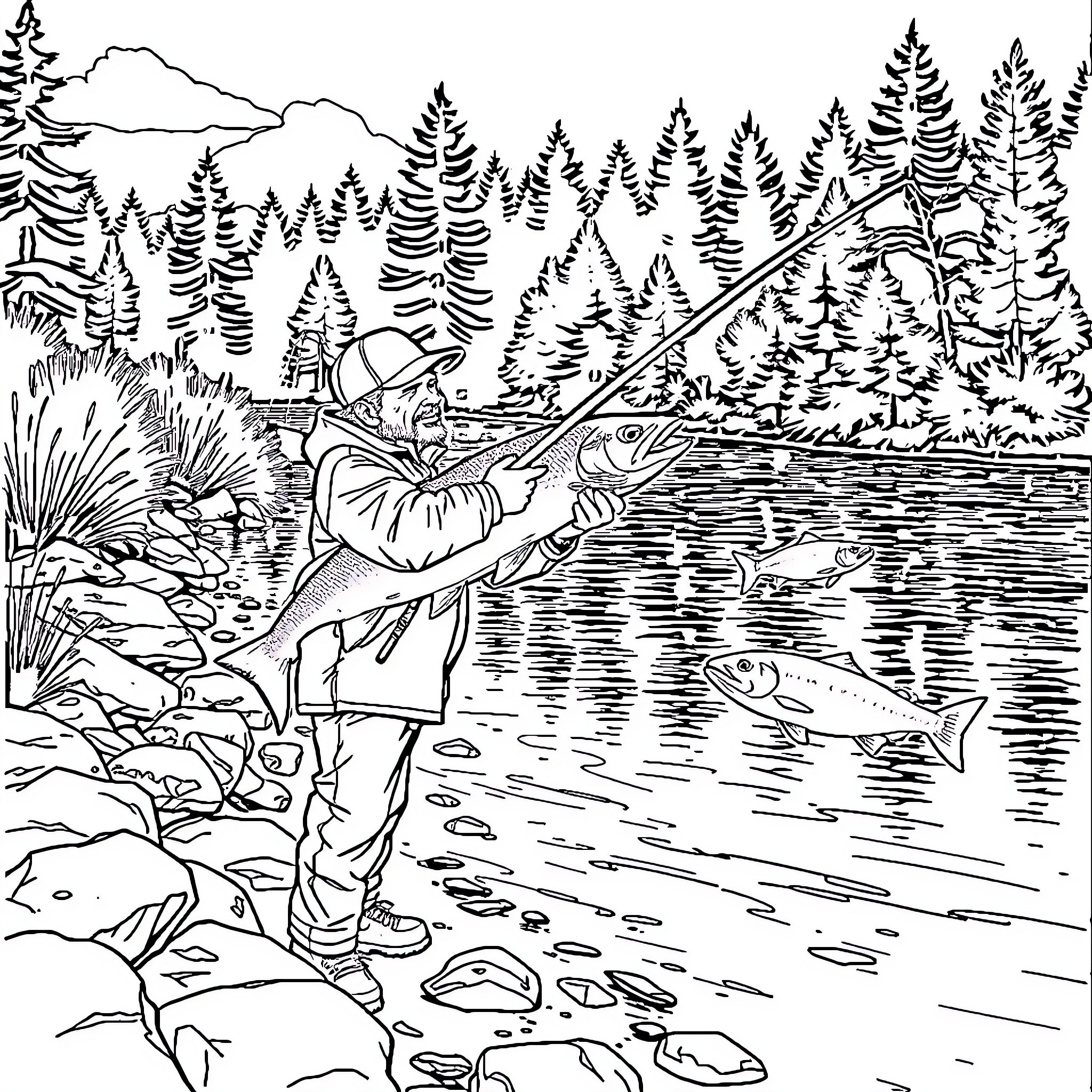 Mike Trout fishing in a serene mountain lake Coloring Page (free black-and-white line drawing printable PDF for all, from beginners to advanced learners, including children, teens, adults, and seniors)