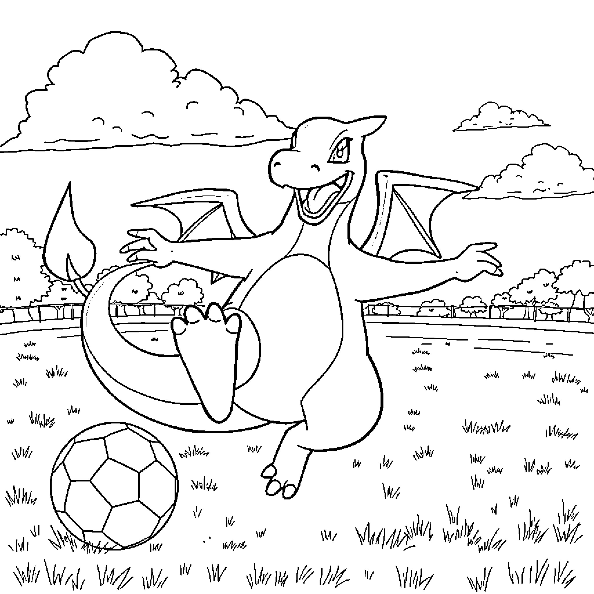 Charizard playing with a soccer ball on a field Coloring Page (free black-and-white line drawing printable PDF for all, from beginners to advanced learners, including children, teens, adults, and seniors)