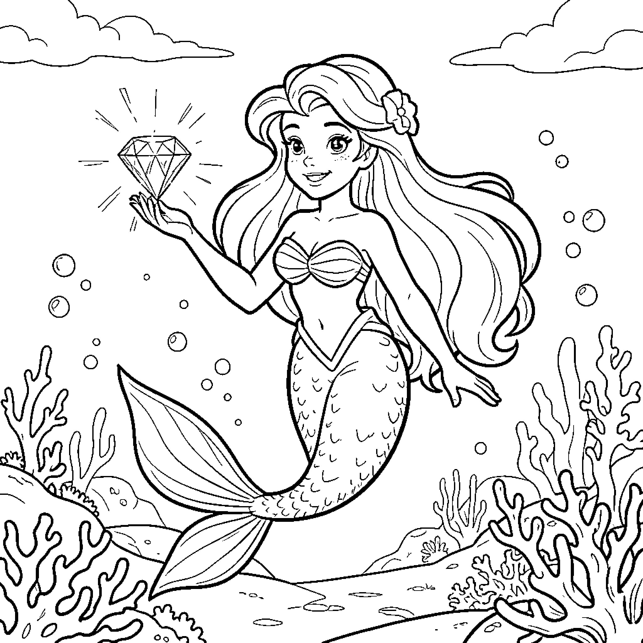 Ariel holding a large diamond underwater Coloring Page (free black-and-white line drawing printable PDF for all, from beginners to advanced learners, including children, teens, adults, and seniors)