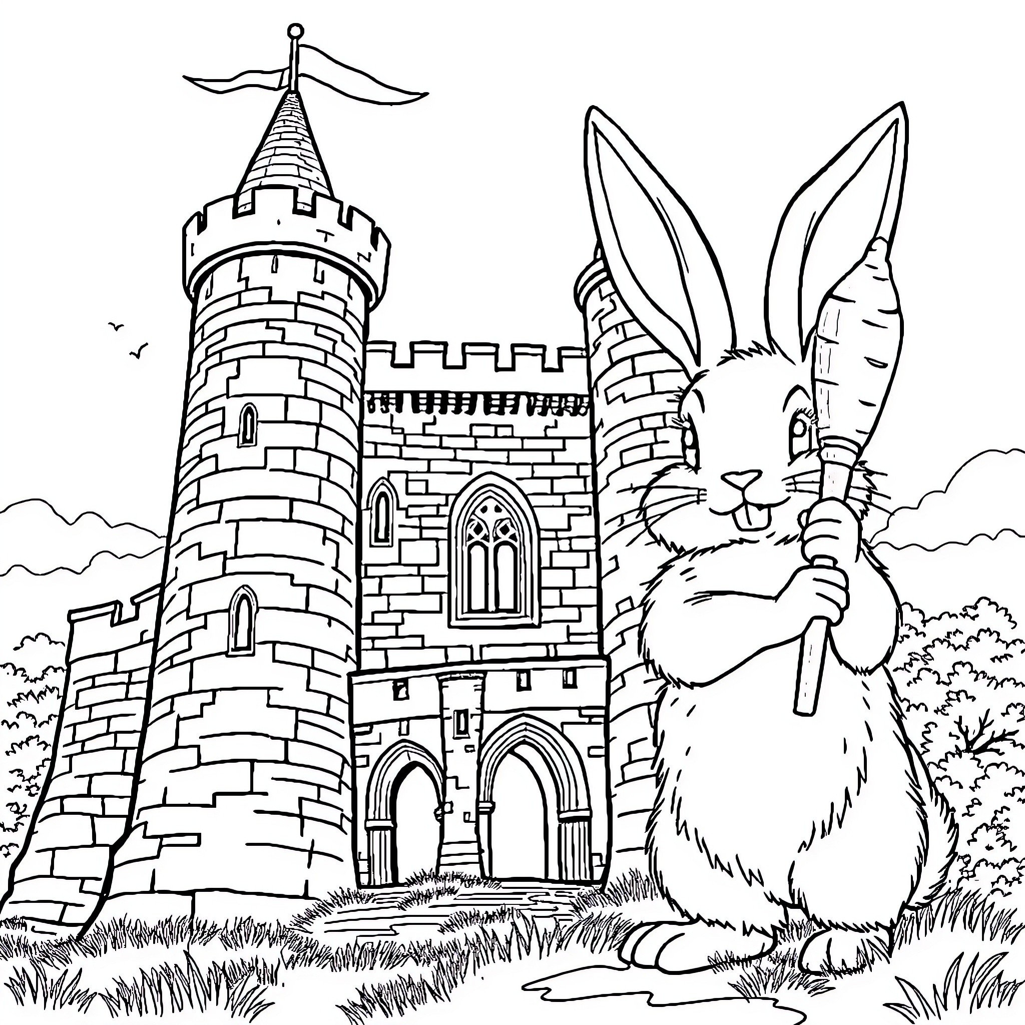 Rabbit guarding medieval castle with flags Coloring Page (free black-and-white line drawing printable PDF for all, from beginners to advanced learners, including children, teens, adults, and seniors)