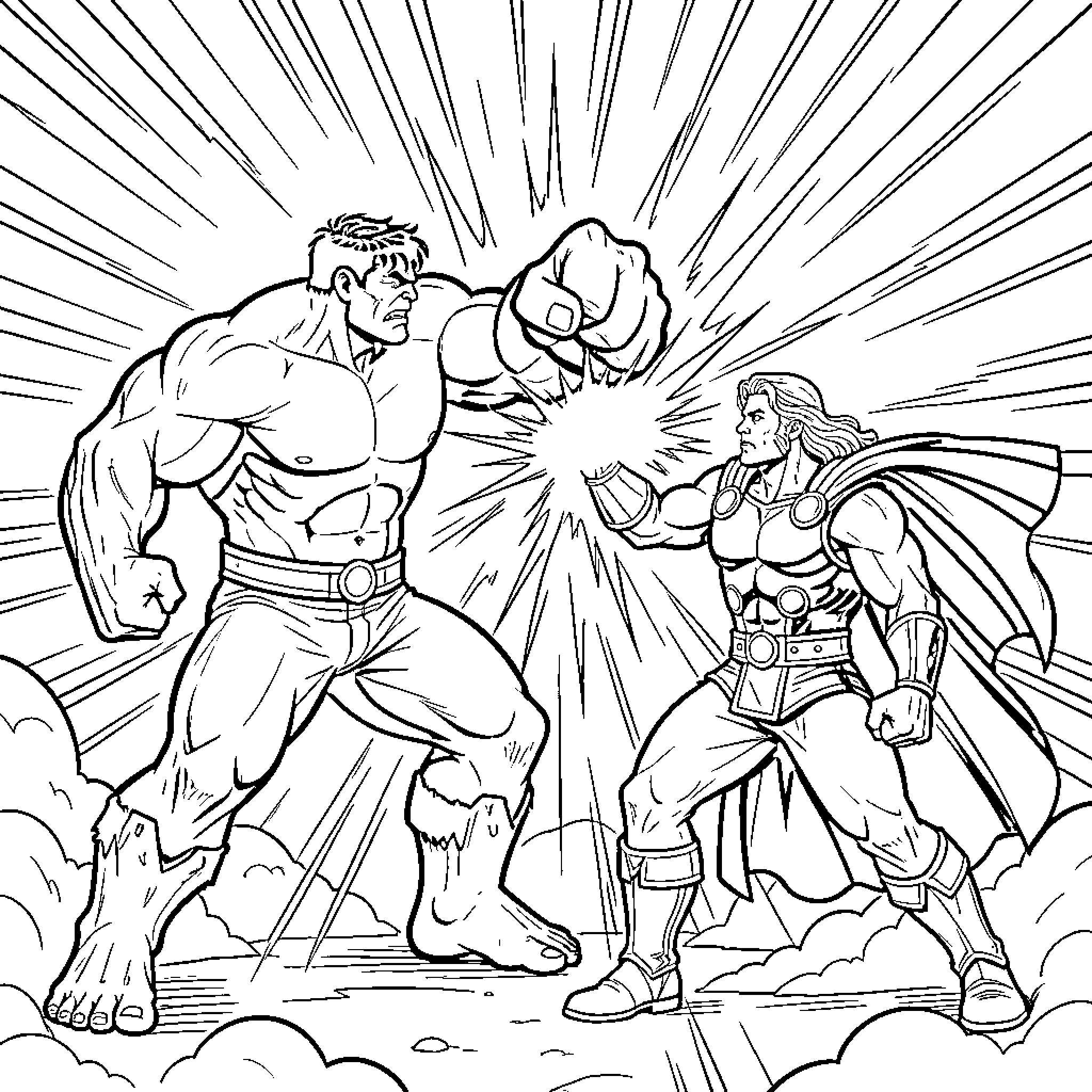 Hulk battling heroically against mighty foe Coloring Page (free black-and-white line drawing printable PDF for all, from beginners to advanced learners, including children, teens, adults, and seniors)