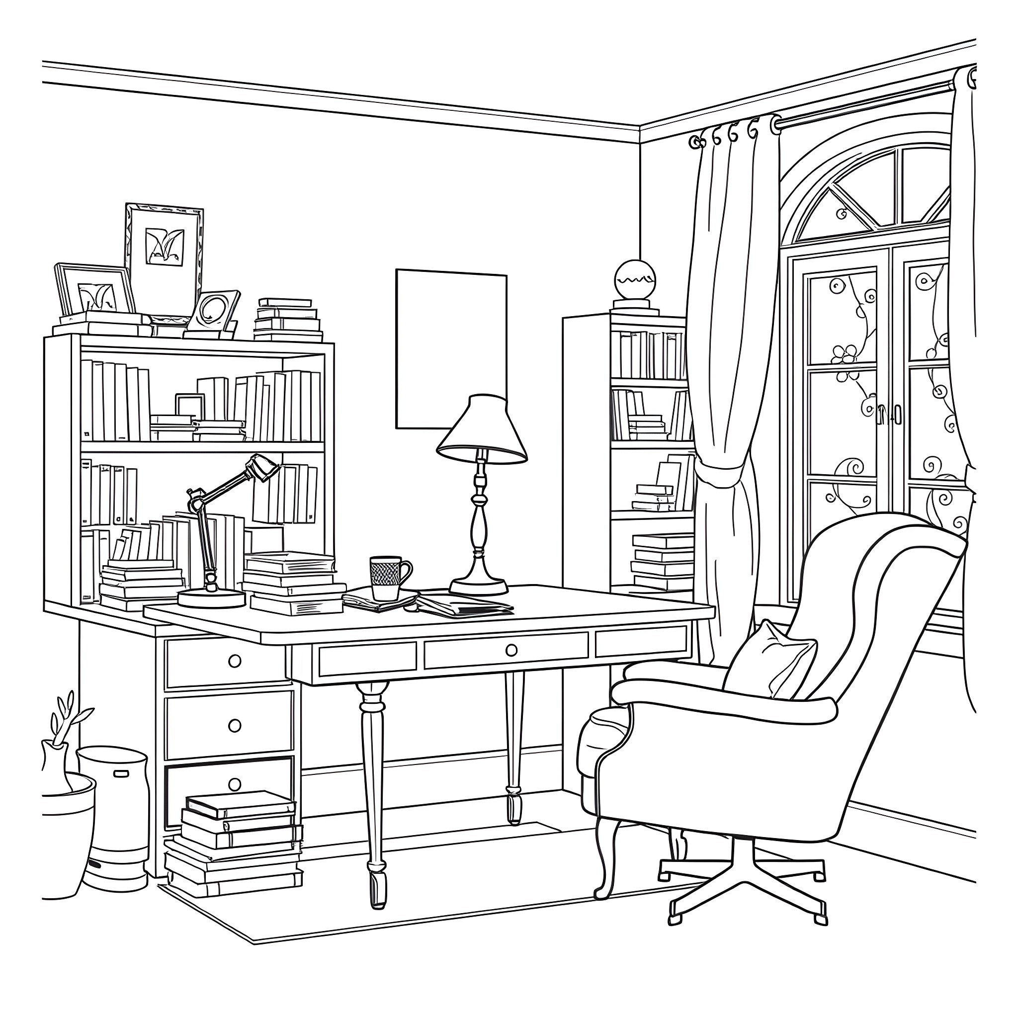 Home Office Setup with Desk, Bookshelf, and Cozy Armchair Coloring Page (free black-and-white line drawing printable PDF for all, from beginners to advanced learners, including children, teens, adults, and seniors)