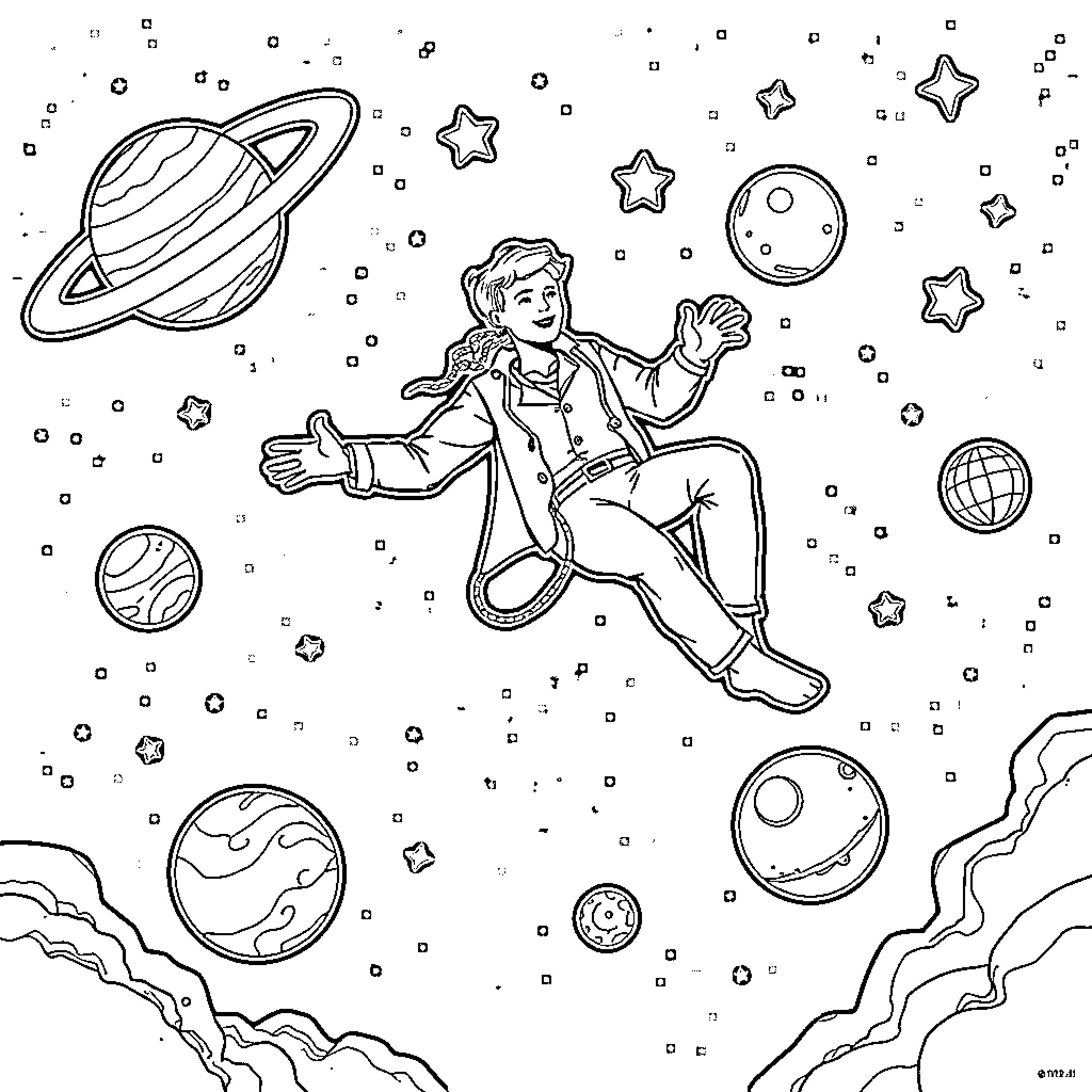 Chiropractor floating in outer space with planets and stars Coloring Page (free black-and-white line drawing printable PDF for all, from beginners to advanced learners, including children, teens, adults, and seniors)