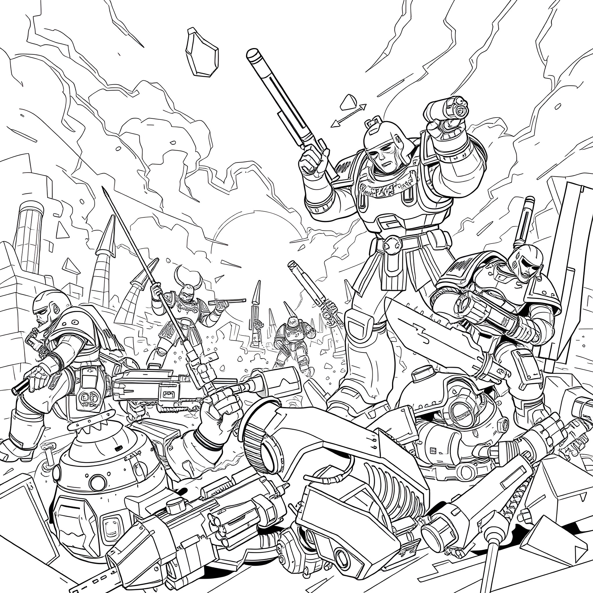 Warhammer: Futuristic Soldiers in Epic Battle Coloring Page (free black-and-white line drawing printable PDF for all, from beginners to advanced learners, including children, teens, adults, and seniors)