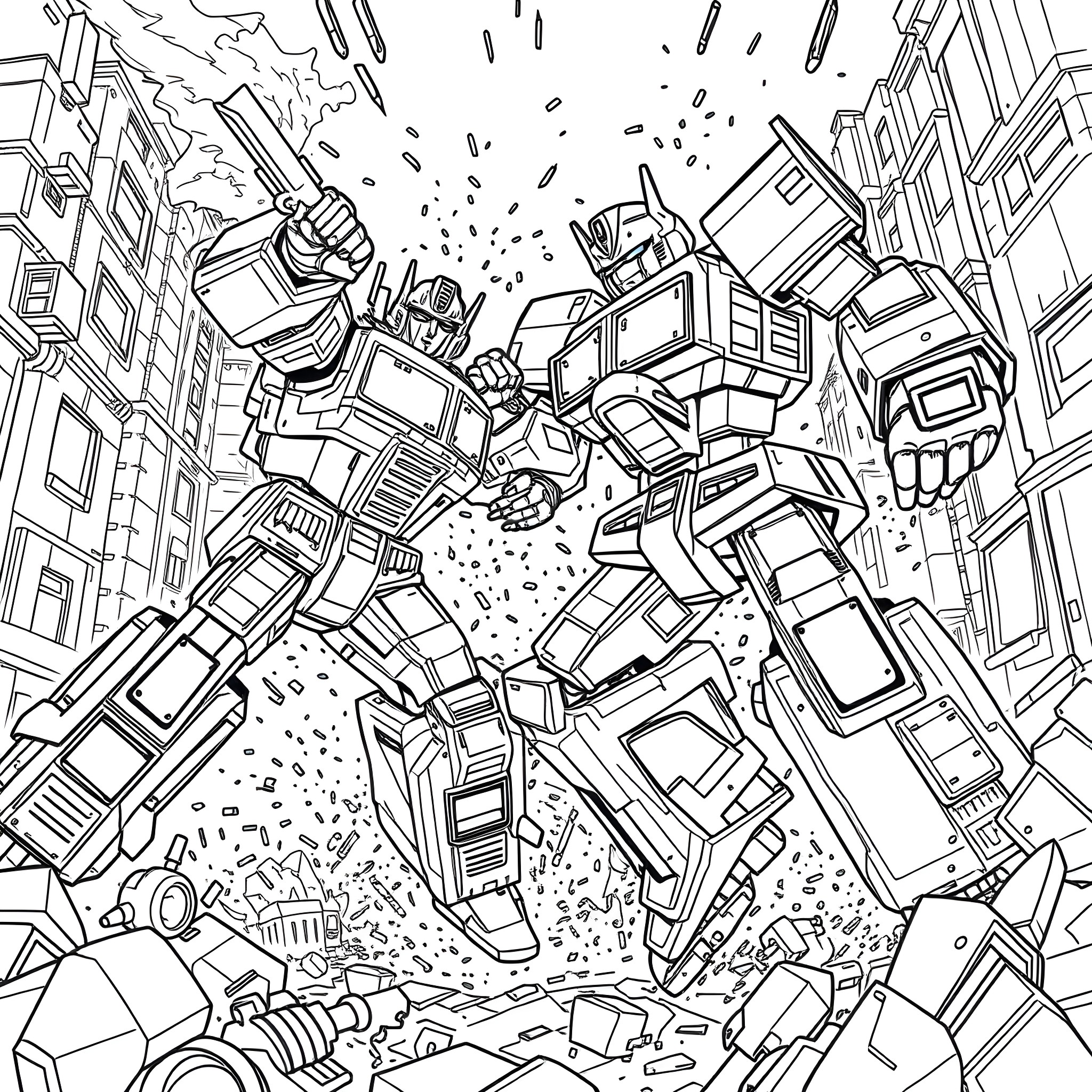 Autobot battle in the city streets Coloring Page (free black-and-white line drawing printable PDF for all, from beginners to advanced learners, including children, teens, adults, and seniors)