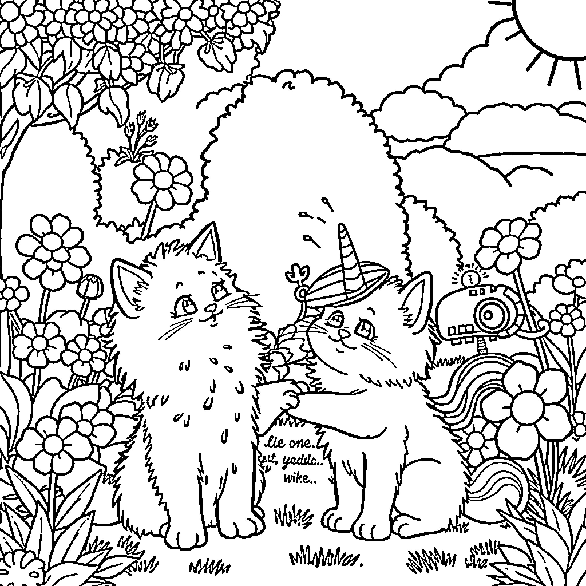 Cats playing in a whimsical garden Coloring Page (free black-and-white line drawing printable PDF for all, from beginners to advanced learners, including children, teens, adults, and seniors)