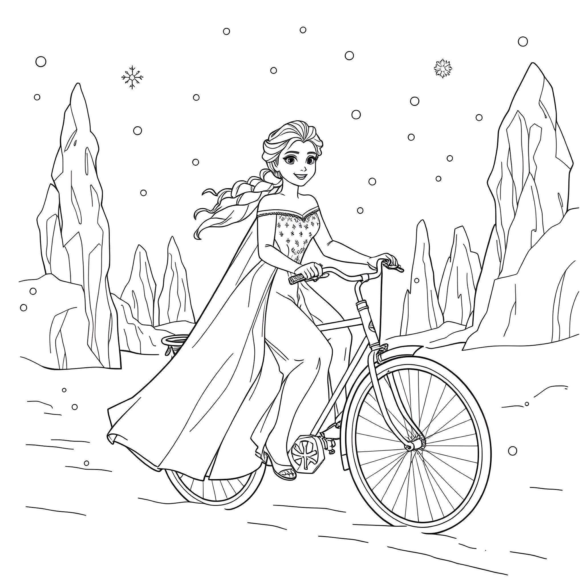 Elsa's Icy Bicycle Adventure Coloring Page (free black-and-white line drawing printable PDF for all, from beginners to advanced learners, including children, teens, adults, and seniors)