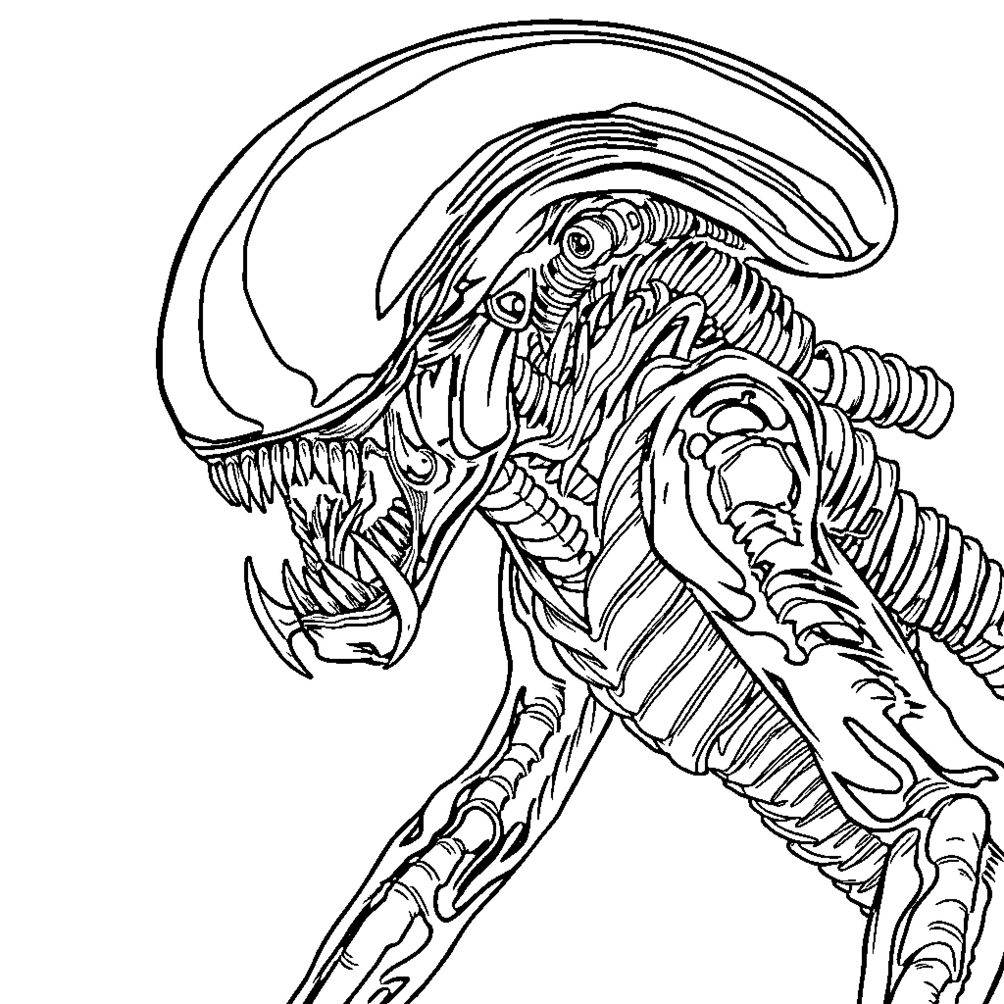 Xenomorph creature in aggressive pose Coloring Page (free black-and-white line drawing printable PDF for all, from beginners to advanced learners, including children, teens, adults, and seniors)