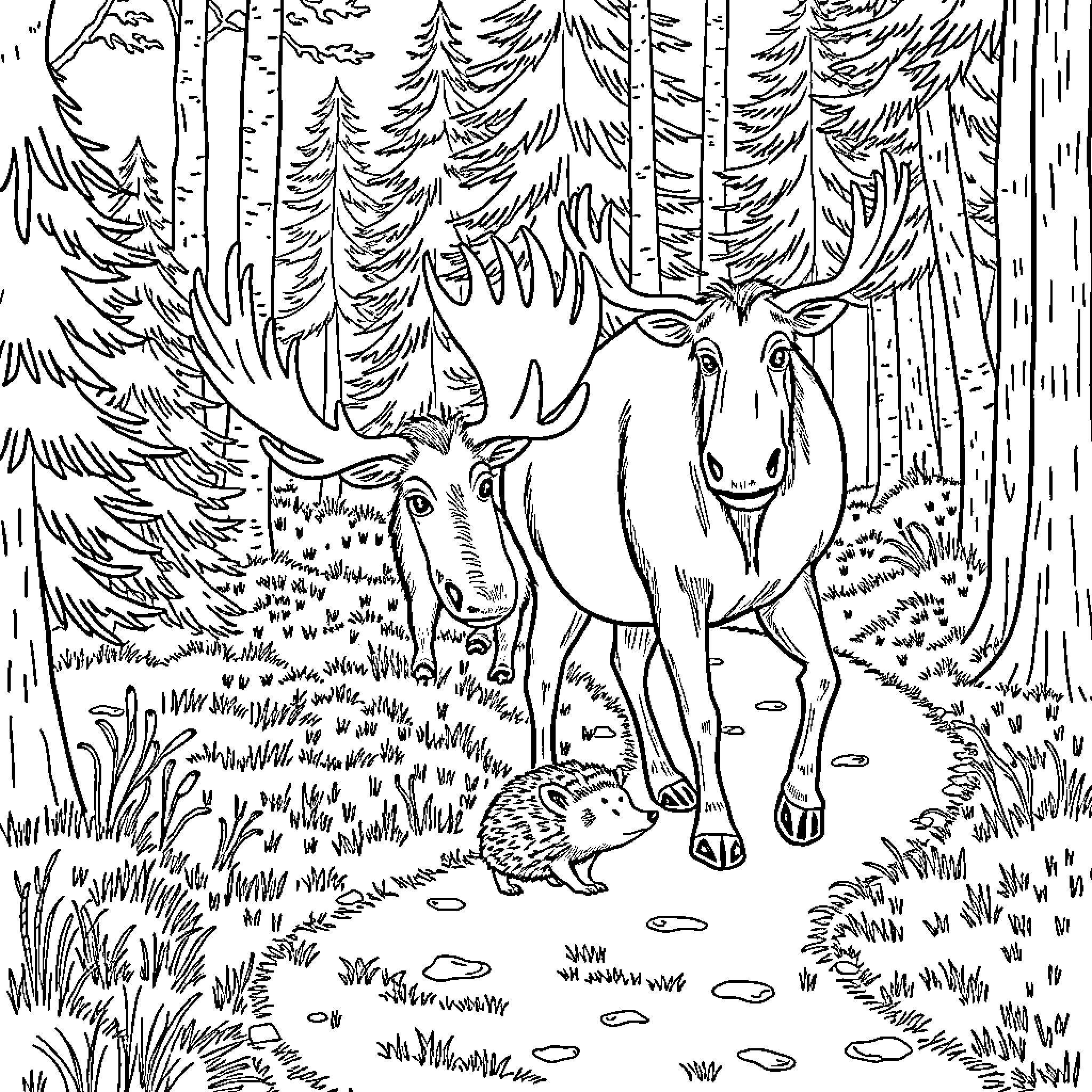 Hedgehog exploring the enchanted forest Coloring Page (free black-and-white line drawing printable PDF for all, from beginners to advanced learners, including children, teens, adults, and seniors)