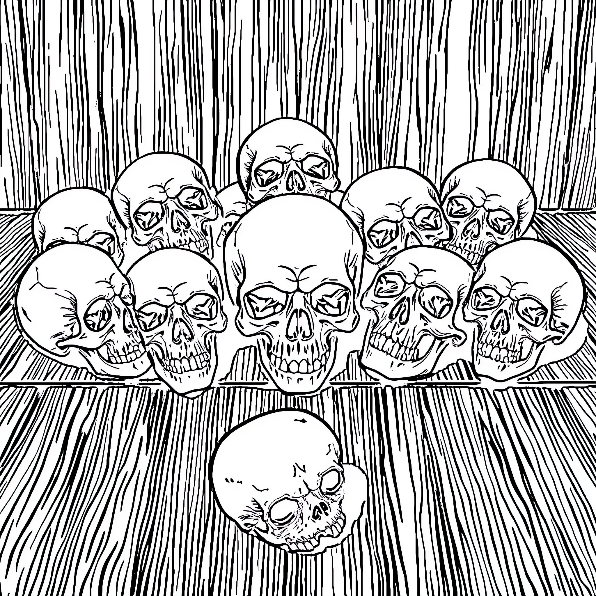 Skull Collection Arrangement on Wooden Surface Coloring Page (free black-and-white line drawing printable PDF for all, from beginners to advanced learners, including children, teens, adults, and seniors)
