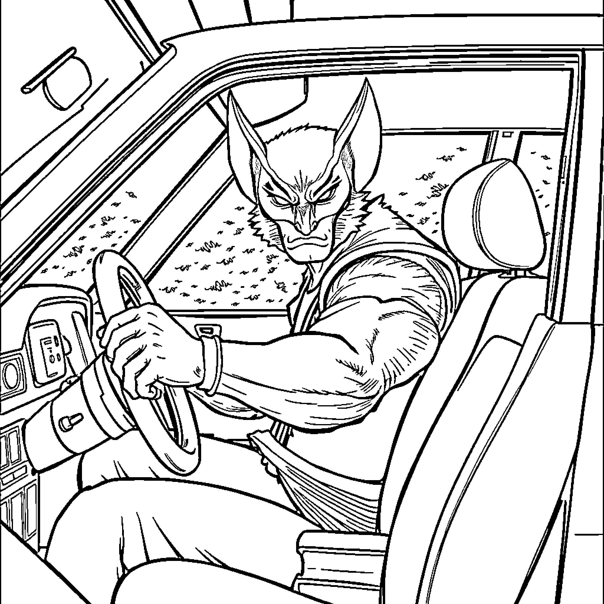 Wolverine driving a vehicle with intense focus Coloring Page (free black-and-white line drawing printable PDF for all, from beginners to advanced learners, including children, teens, adults, and seniors)