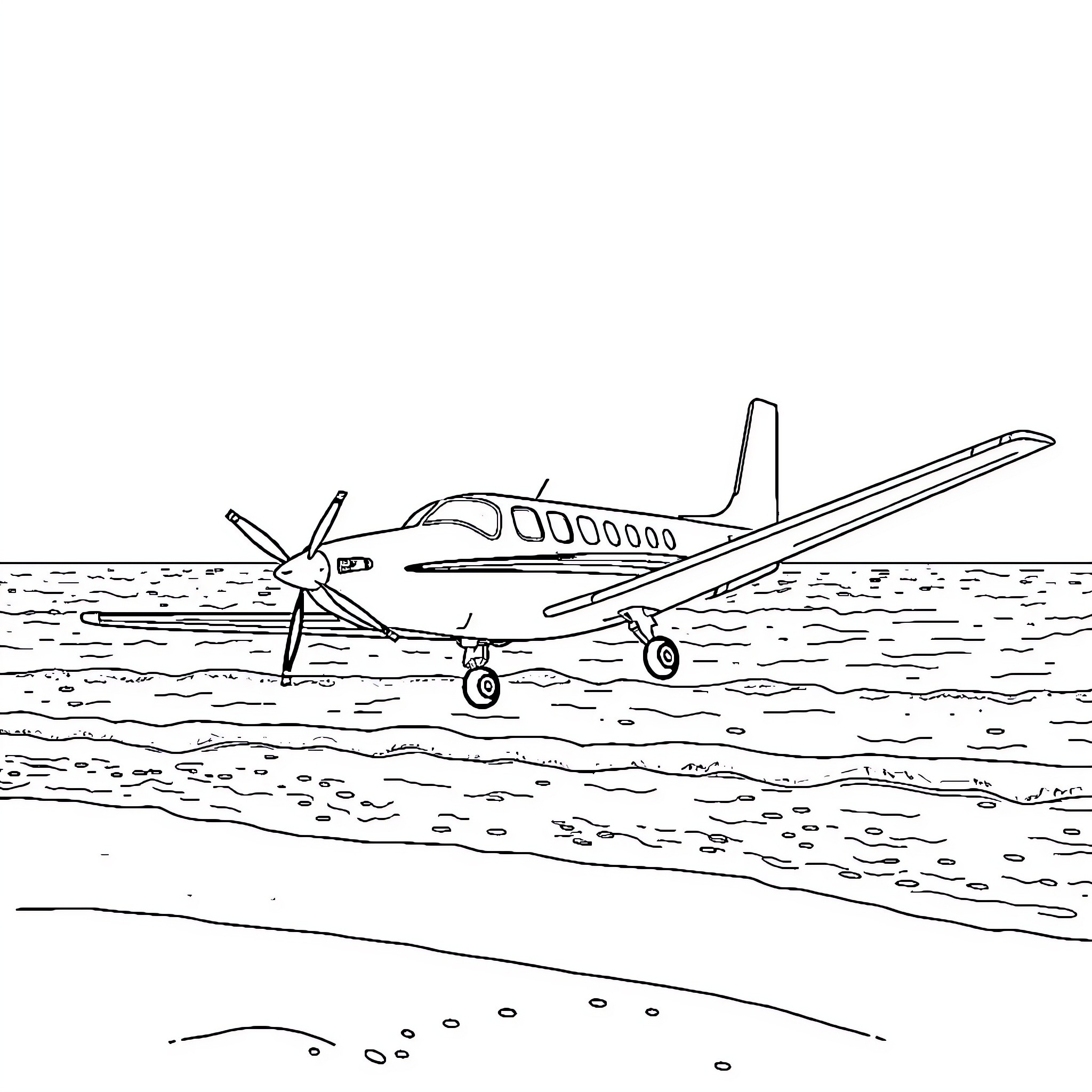 Plane taxiing on runway near body of water Coloring Page (free black-and-white line drawing printable PDF for all, from beginners to advanced learners, including children, teens, adults, and seniors)