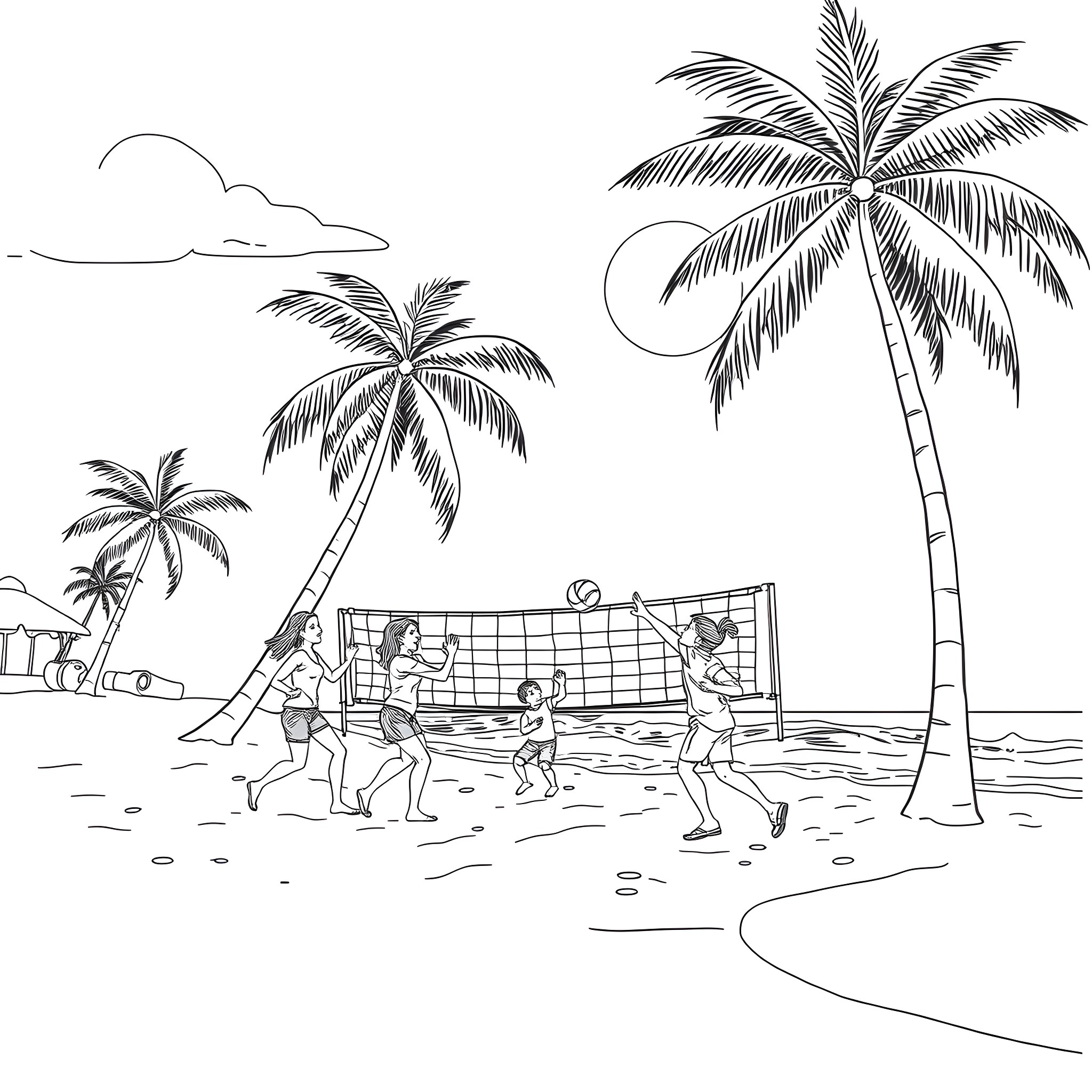 Family Guy Playing Beach Volleyball Under Palm Trees Coloring Page (free black-and-white line drawing printable PDF for all, from beginners to advanced learners, including children, teens, adults, and seniors)