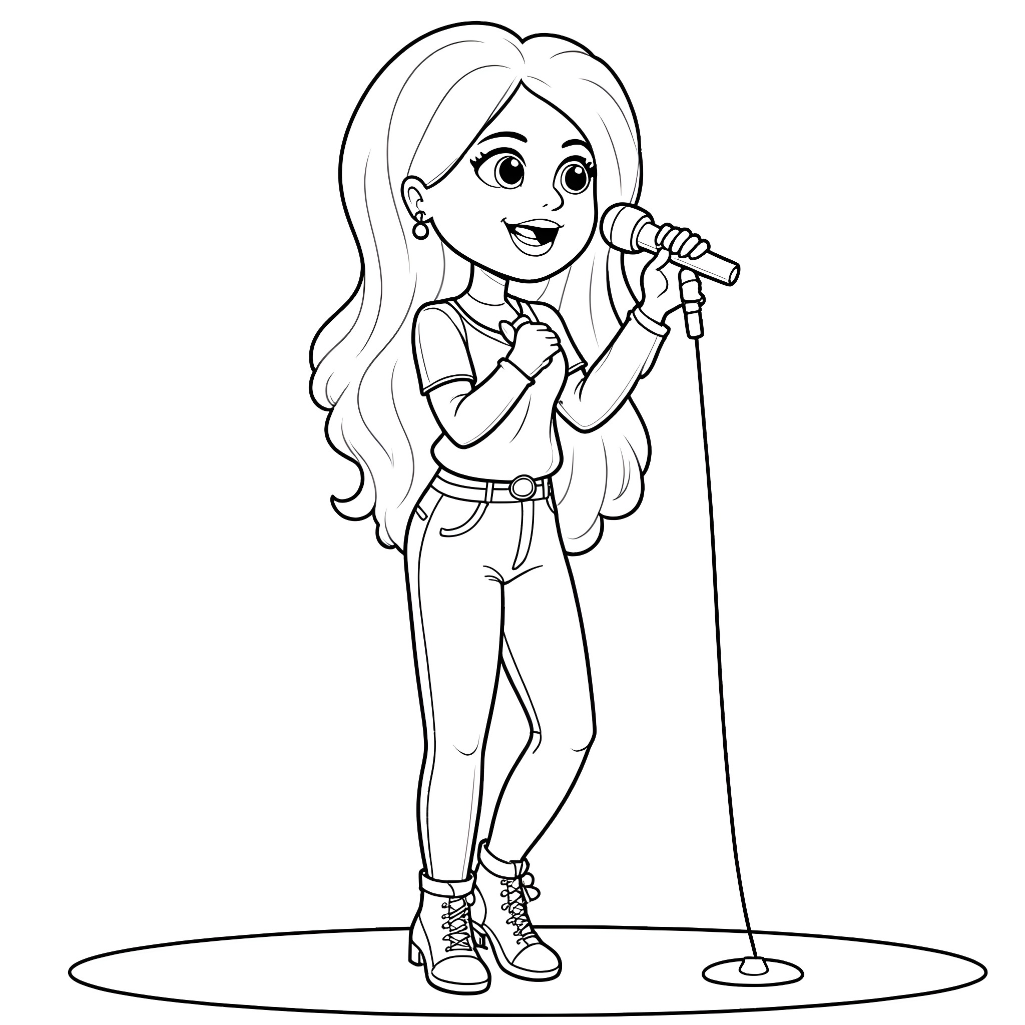 Gracie Abrams performing on stage with a microphone Coloring Page (free black-and-white line drawing printable PDF for all, from beginners to advanced learners, including children, teens, adults, and seniors)