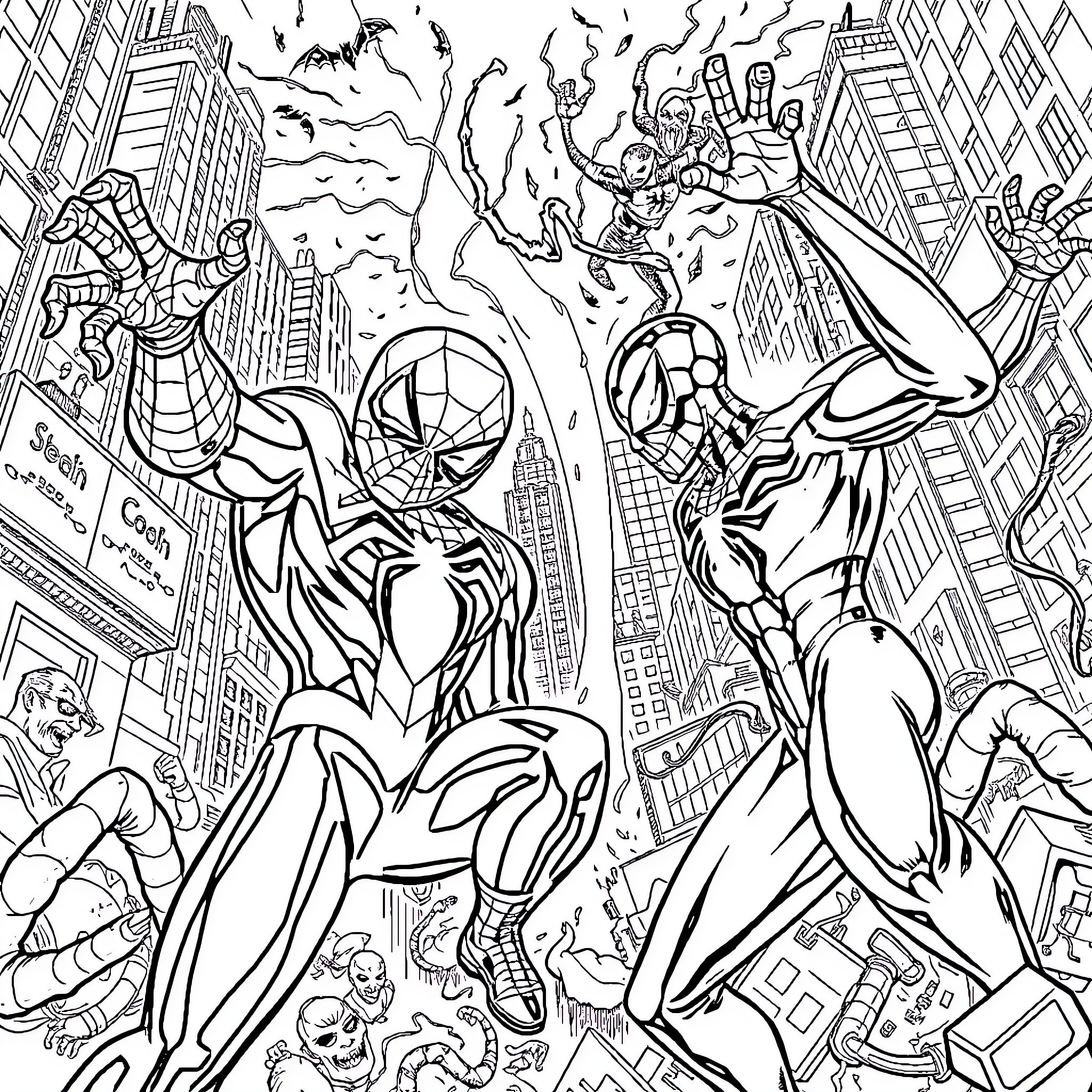 Spider-Man battling supervillains in the city Coloring Page (free black-and-white line drawing printable PDF for all, from beginners to advanced learners, including children, teens, adults, and seniors)