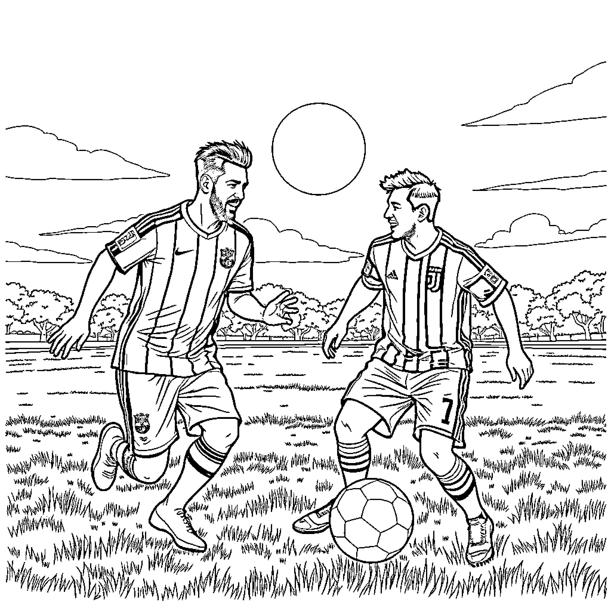 Lamine Yamal: Two soccer players in action on the field Coloring Page (free black-and-white line drawing printable PDF for all, from beginners to advanced learners, including children, teens, adults, and seniors)