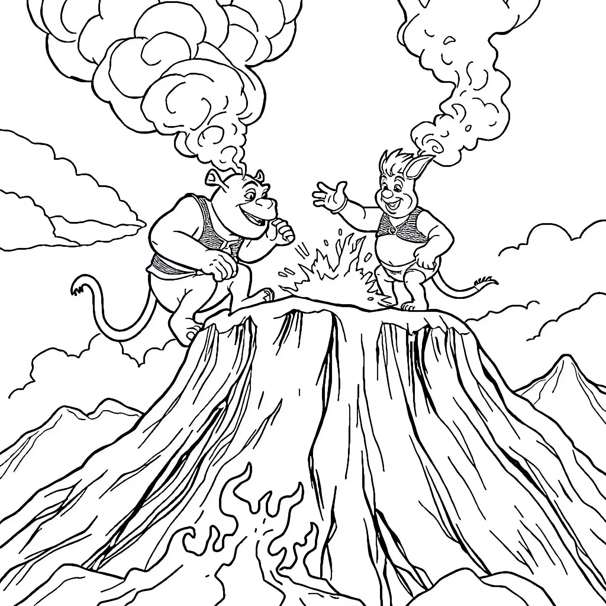 Shrek's volcanic adventure with fiery eruptions Coloring Page (free black-and-white line drawing printable PDF for all, from beginners to advanced learners, including children, teens, adults, and seniors)